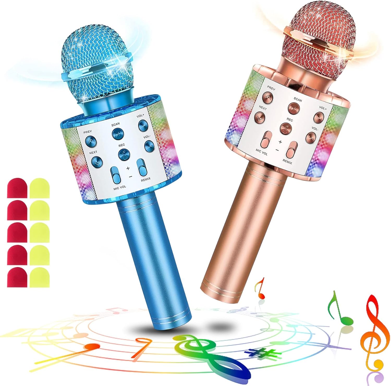 Juego de 2 Micrófono de Karaoke Inalámbrico Bluetooth con Luces LED Portátil de Mano para Cantar Karaoke Máquina de Altavoz Regalos para Niños Adultos (con 10 Cubiertas de Micrófono Desechables)