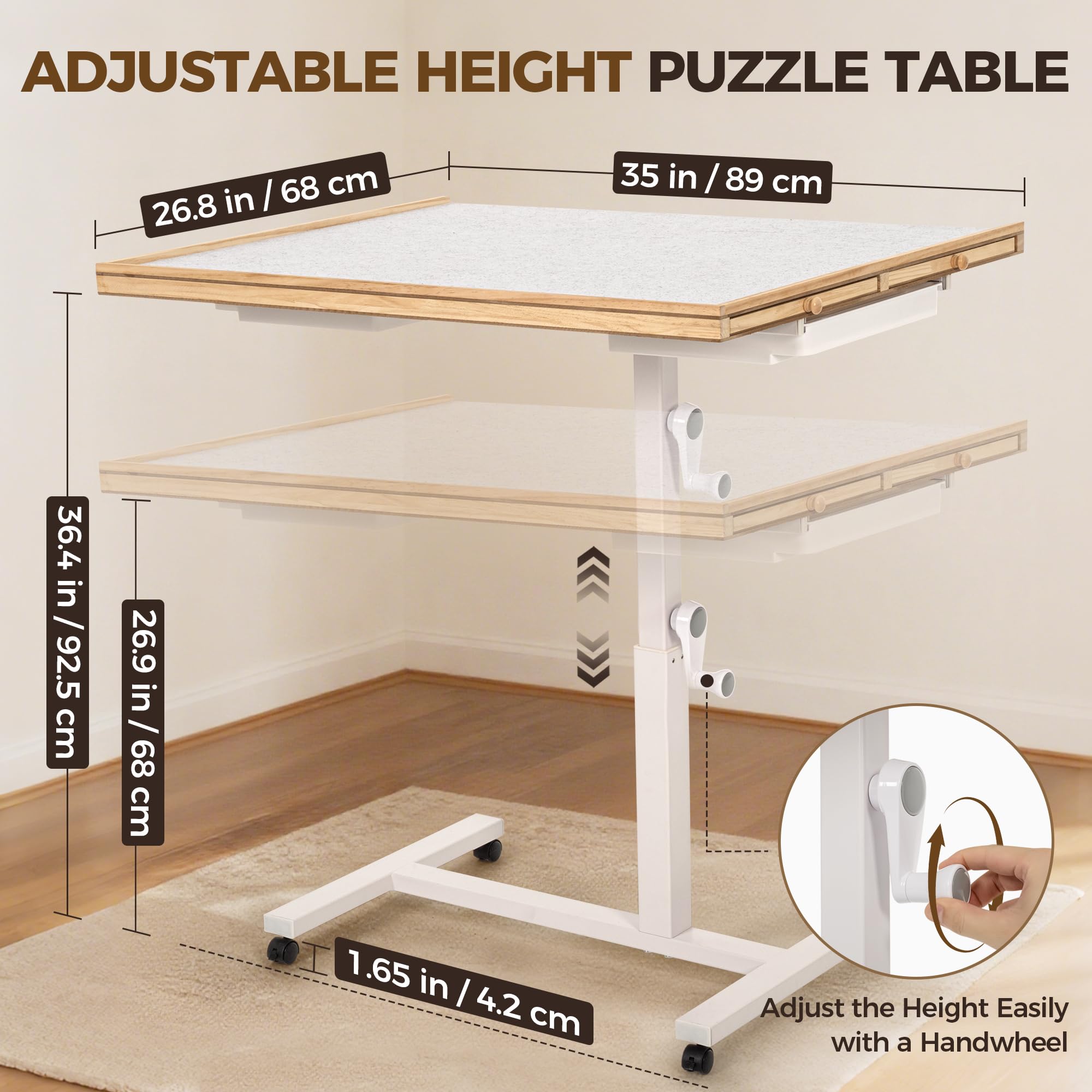 ROPODA Mesa Puzzle de 1500 Piezas, Tablero de Rompecabezas con Ajuste de Ángulo y Altura, Mesa de Rompecabezas con Seis Cajones, Tapa y Cuatro Ruedas, Puzzle Table con Pedestal Único, 89 x 68 cm