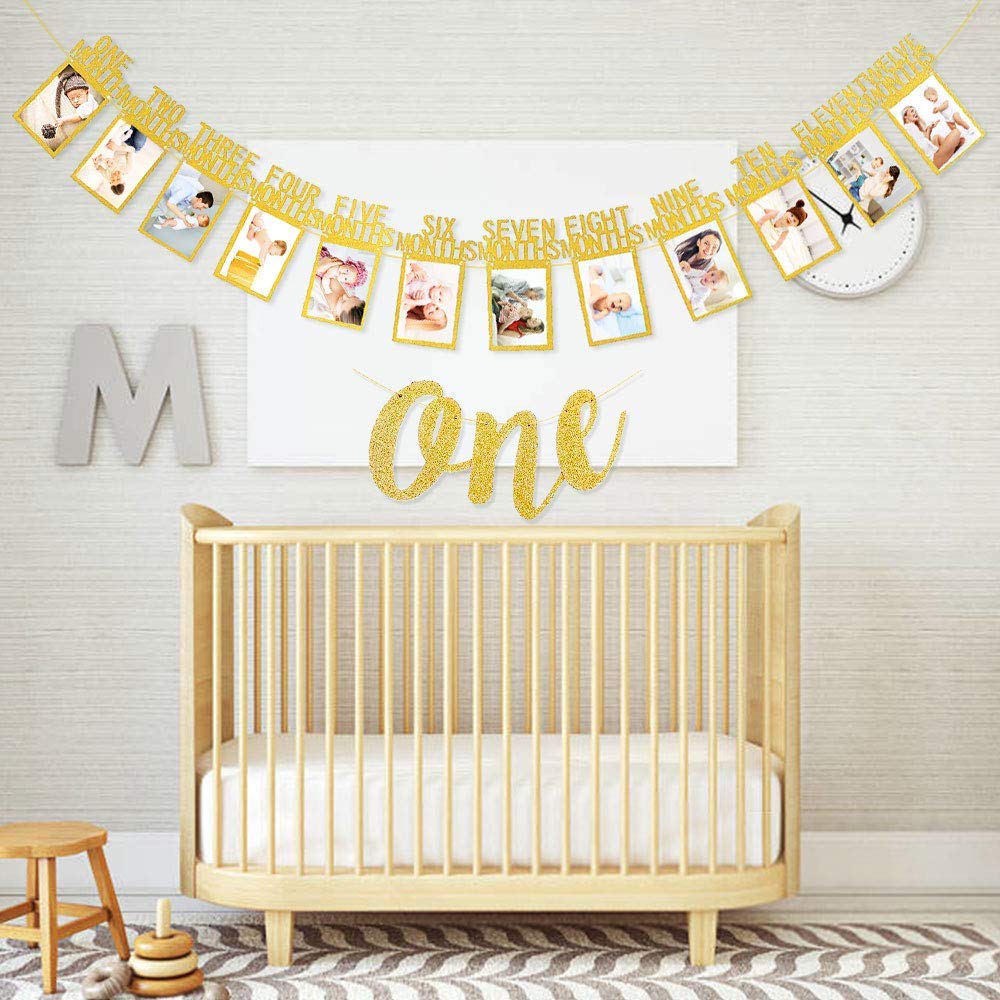 Festiko 1st Birthday Baby Photo Banner for Newborn to 12 Months, with ONE Banner, and Cake Topper, Monthly Milestone Photograph Bunting Garland First Birthday Celebration Decoration 2