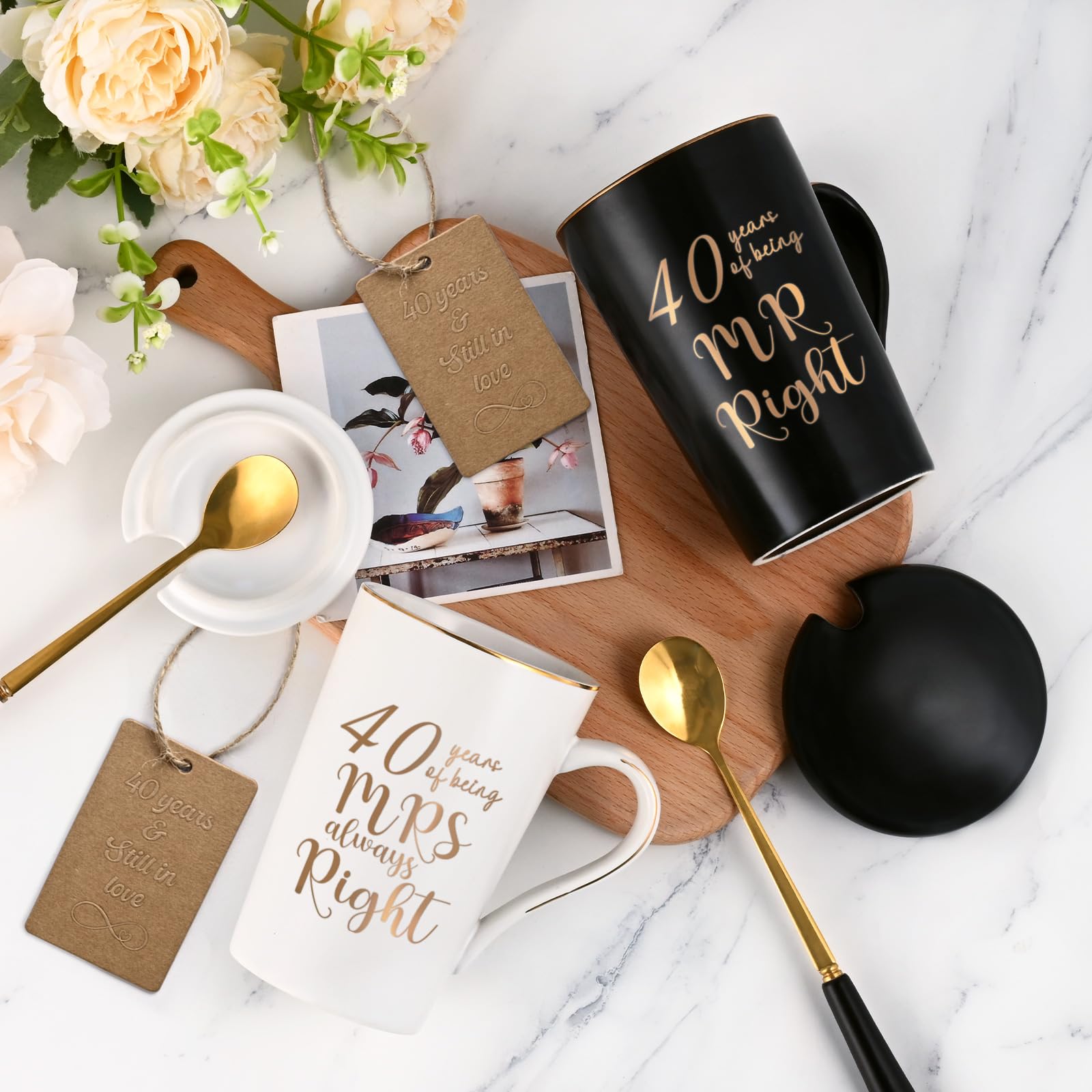 YHRJWN 40th Wedding Gifts, 40 Years of Being Mr & Mrs Always Right Mug Set 14Oz with Lids Spoons and Gift Box, Christmas Anniversary Presents for Parents Couple