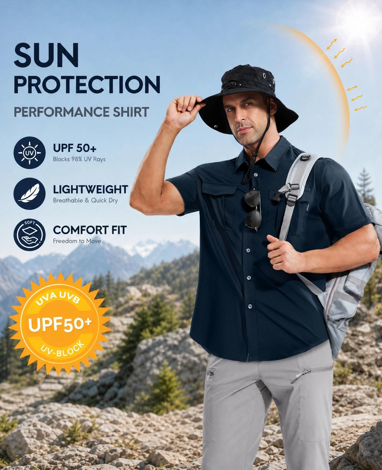 Haimont Camisa de protección solar para hombre, resistente al agua, manga corta, con botones, de secado rápido, para senderismo, pesca