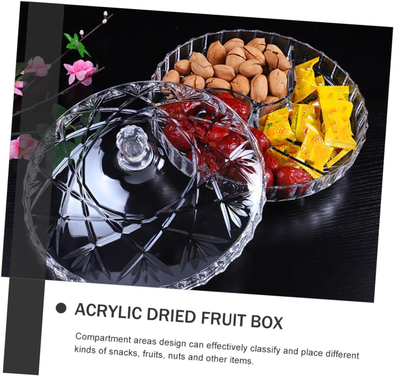 Garneck 6-Compartment Snack Storage Box Acrylic Food Organizer with Lid Multi-Functional Dry Fruit Tray for Home and Kitchen for Fruits and Treats