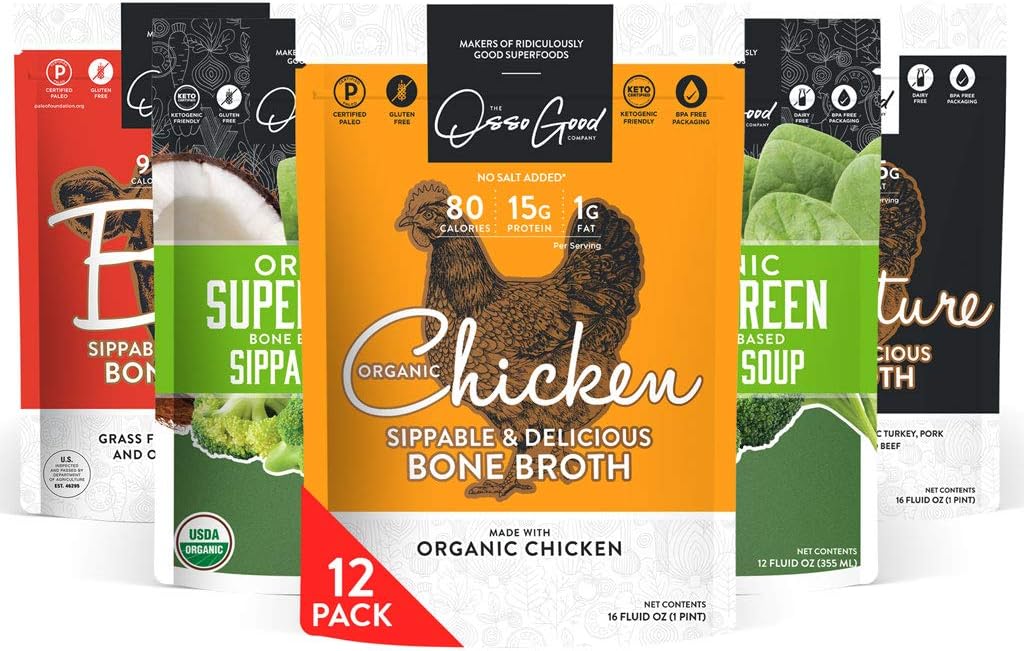 The Osso Good Co Keto Kit Organic Bone Broth with Beef, Chicken & Signature Flavors & Super Paleo Soup, Grass-Fed, Finished with High Protein & Collagen, Gluten-Free, Paleo & Keto, (12-16 Oz Pouches)
