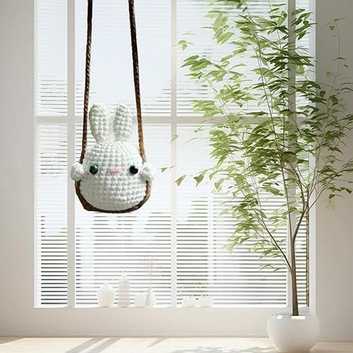 Miniatura 4 de Accesorios colgantes de espejo de coche con conejo balanceante tejido a crochet, lindas decoraciones de coche para mujeres estéticas, accesorios de