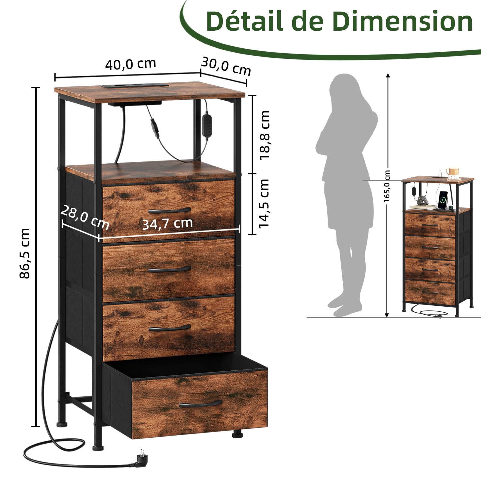 Somdot Commode Chambre Connecté, Table de Chevet LED Haute avec Station de Charge, Meuble de Rangement en Tissu pour Adult Salon Couloir Entrée, 30P x 40l x 86,5H (4 Tiroirs), Imprimé Grain de Bois