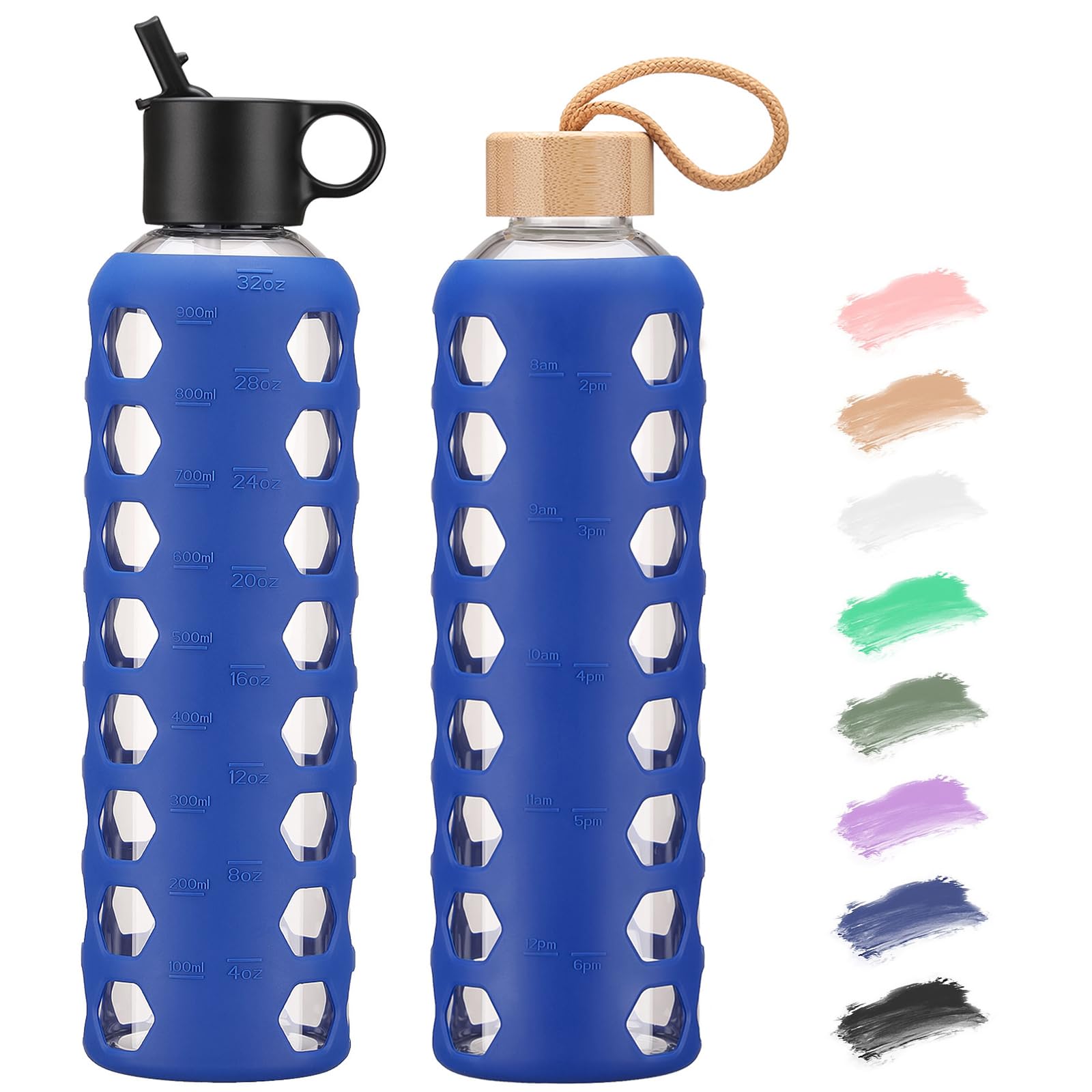 BLUEGO Borracce in vetro, 900ml Bicchiere in vetro, Bottiglie per bere con 2 coperchi, Bottiglia per l'acqua sportiva con custodia in silicone, A prova di perdite, Blu