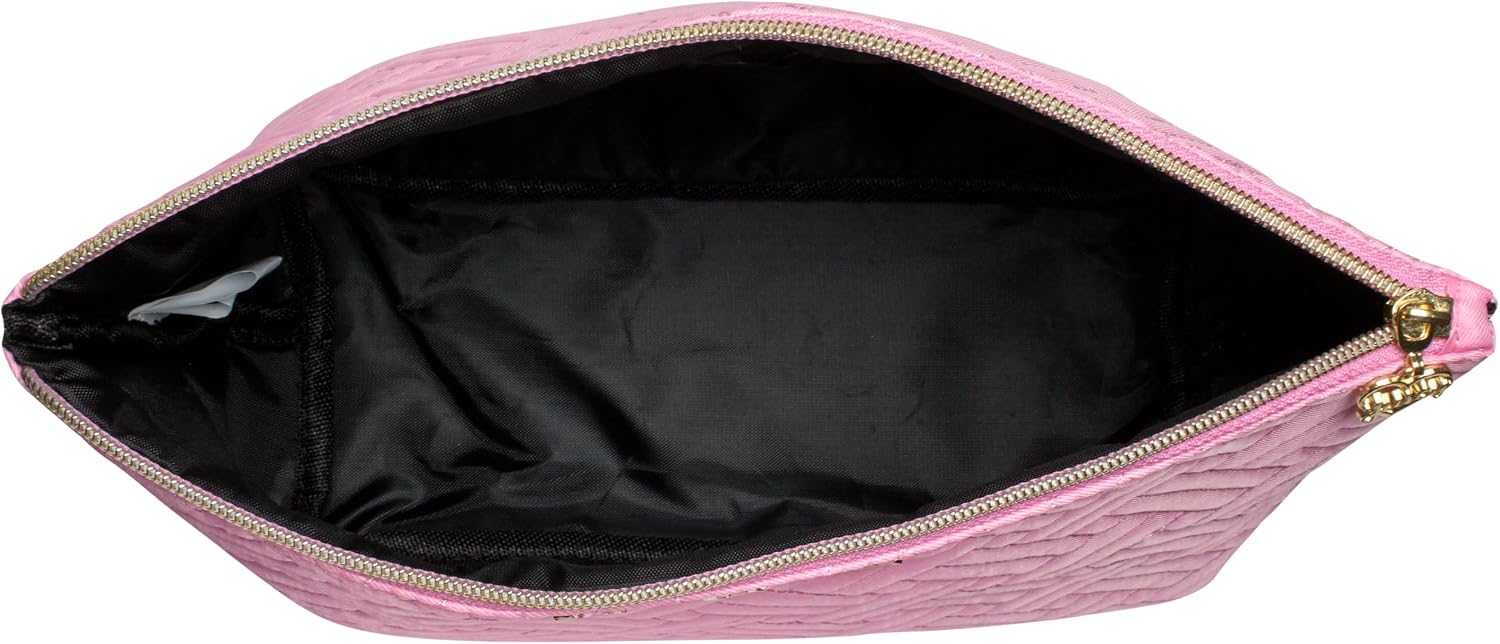 Juicy Couture Pink Makeup Bag Cosmetics Organizer Travel Essentials Zip Top Wedge Quilted Herringbone