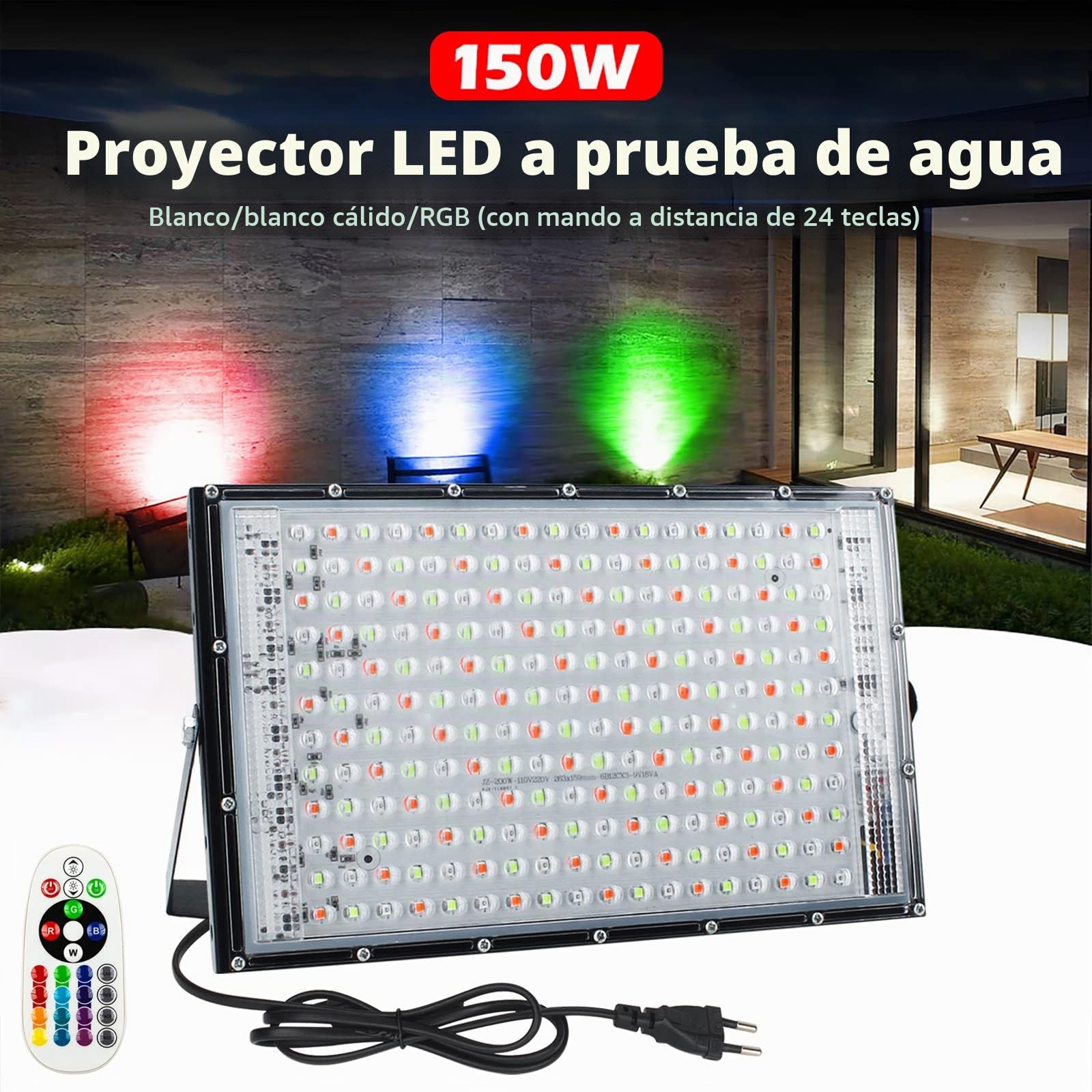 Eleganted Foco LED RGB para exteriores, 150 W, 2 unidades, superbrillante, con enchufe, IP65, resistente al agua, para patio, jardín, garaje, campo deportivo