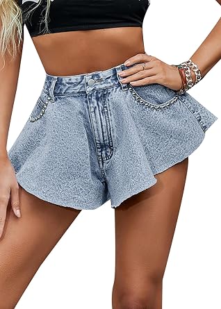 Nihsatin Bleach Wash Raw Hem Hotpants for Women High Wasit Flared Denim Shorts Clubwear