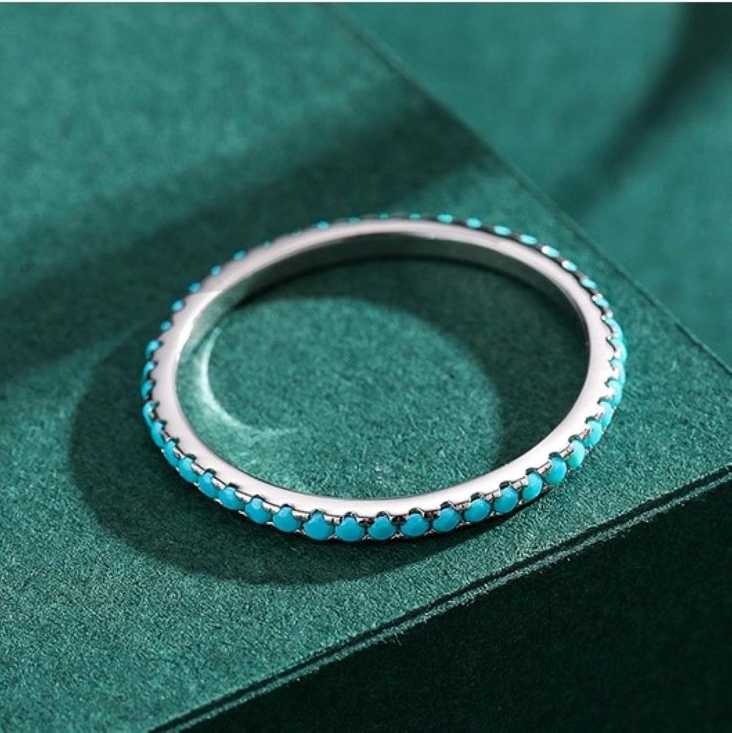 925 Sterling Silver Wedding Band Turquoise Eternity Stackable Engagement Ring, Stackable Ring Eternity Bands for Women, 1.4mm