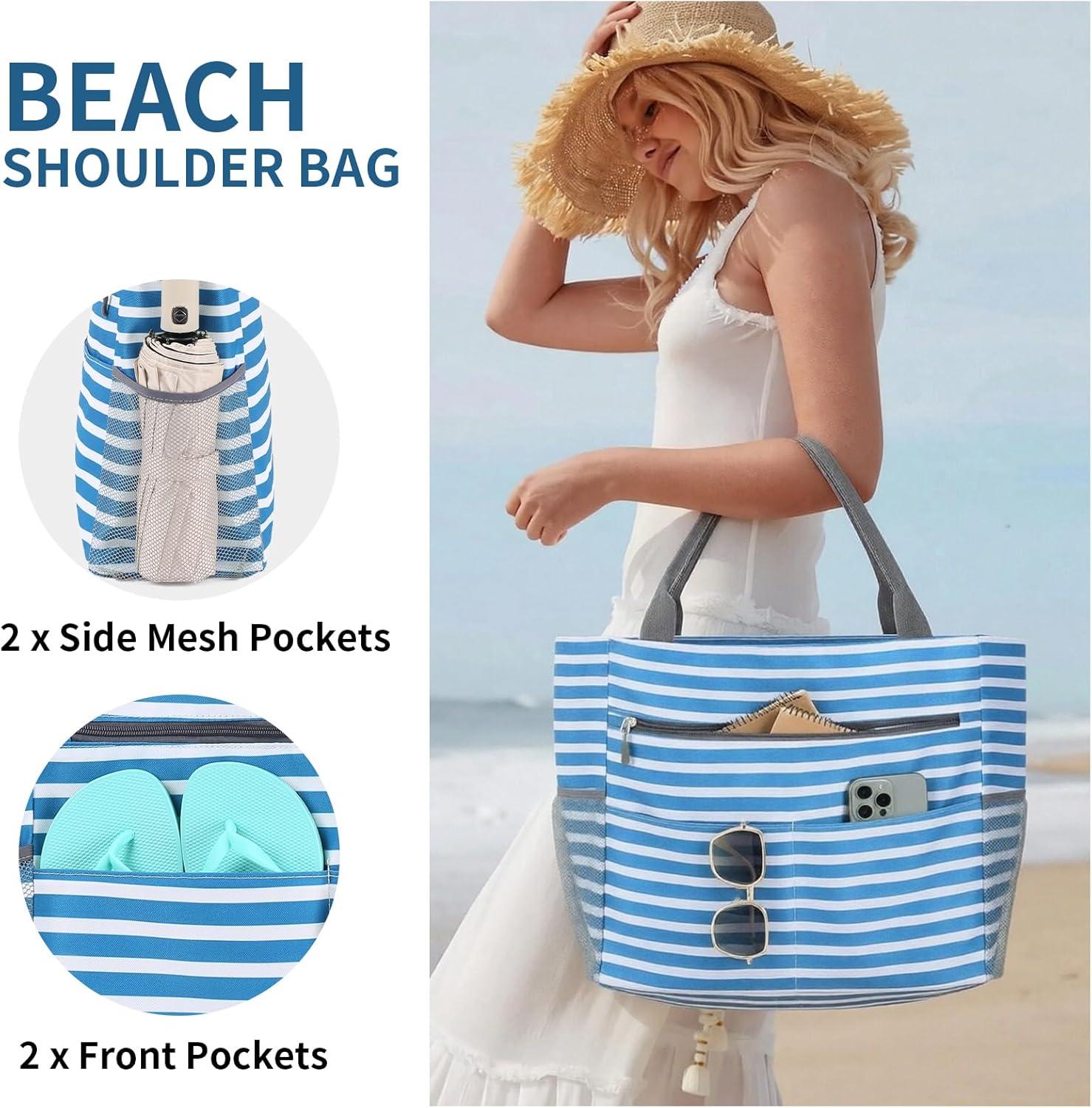 Beach Bags for Women Water-resistant Sandp-resistant Beach Tote Bag Large Capacity Foldable Pool Bag with Zipper