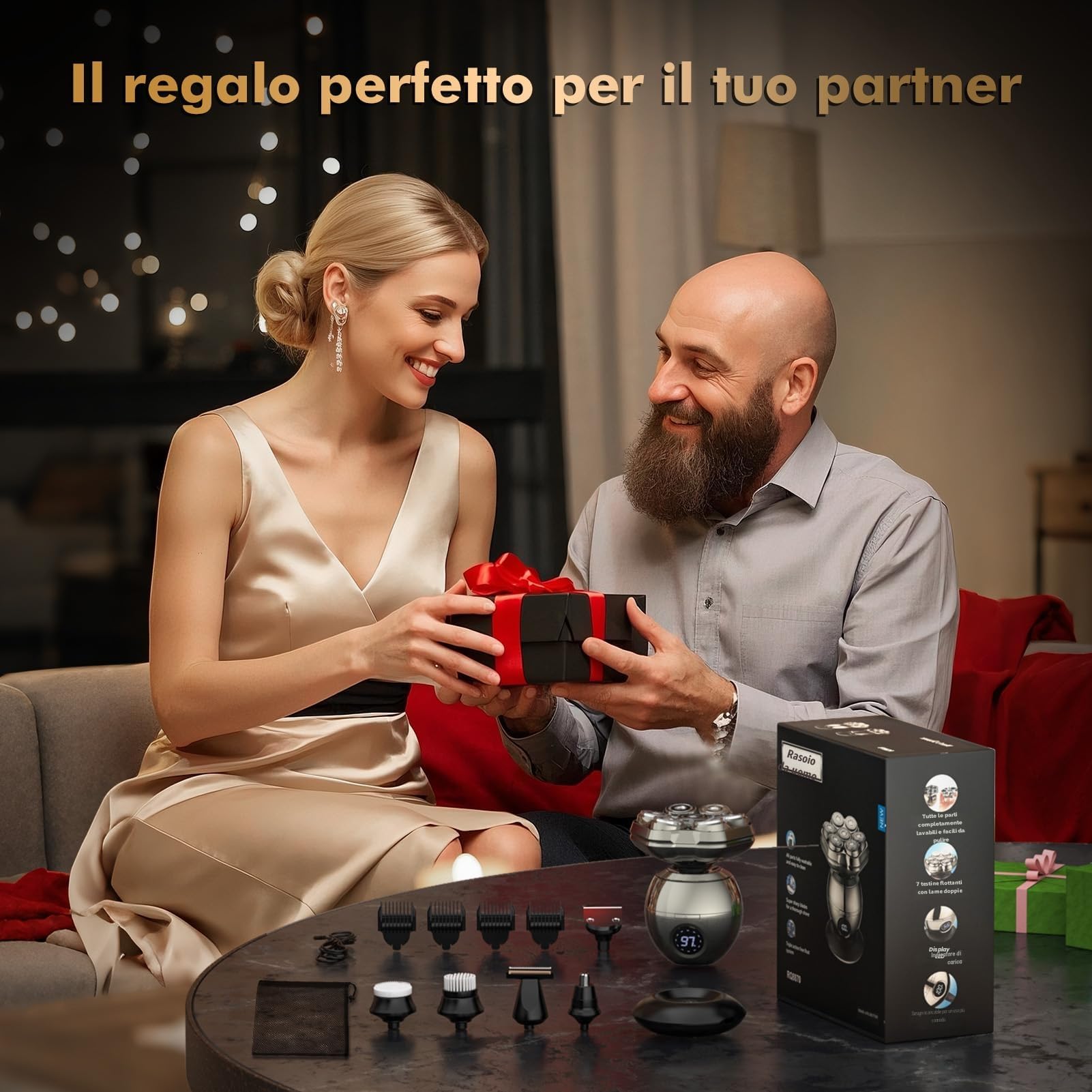 Rasoio Testa Calva,7D Magnetici Rimovibile Rasoio Testa Calva Zero Assoluto-6 in 1 Capelli uomo 0 mm,Impermeabile IP67 con Display LED, Rasa e Taglia Capelli a Zero