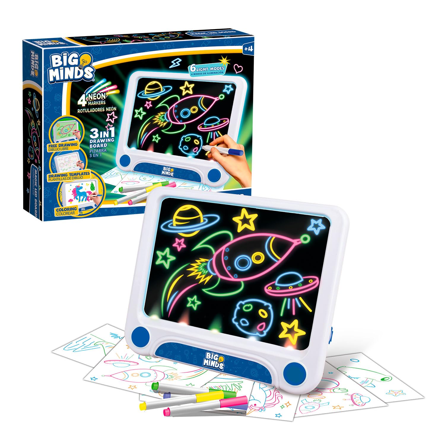 Big Minds - Magic Led | Drawing Tablet for Kids 3 in 1 | Writing Tablet 6 Reversible Stencils | Glow Pad 6 Modes & 3 Colors | Drawing Board Kids | 4 Year Old Girl Gifts | 4 Year Old Boy Gifts