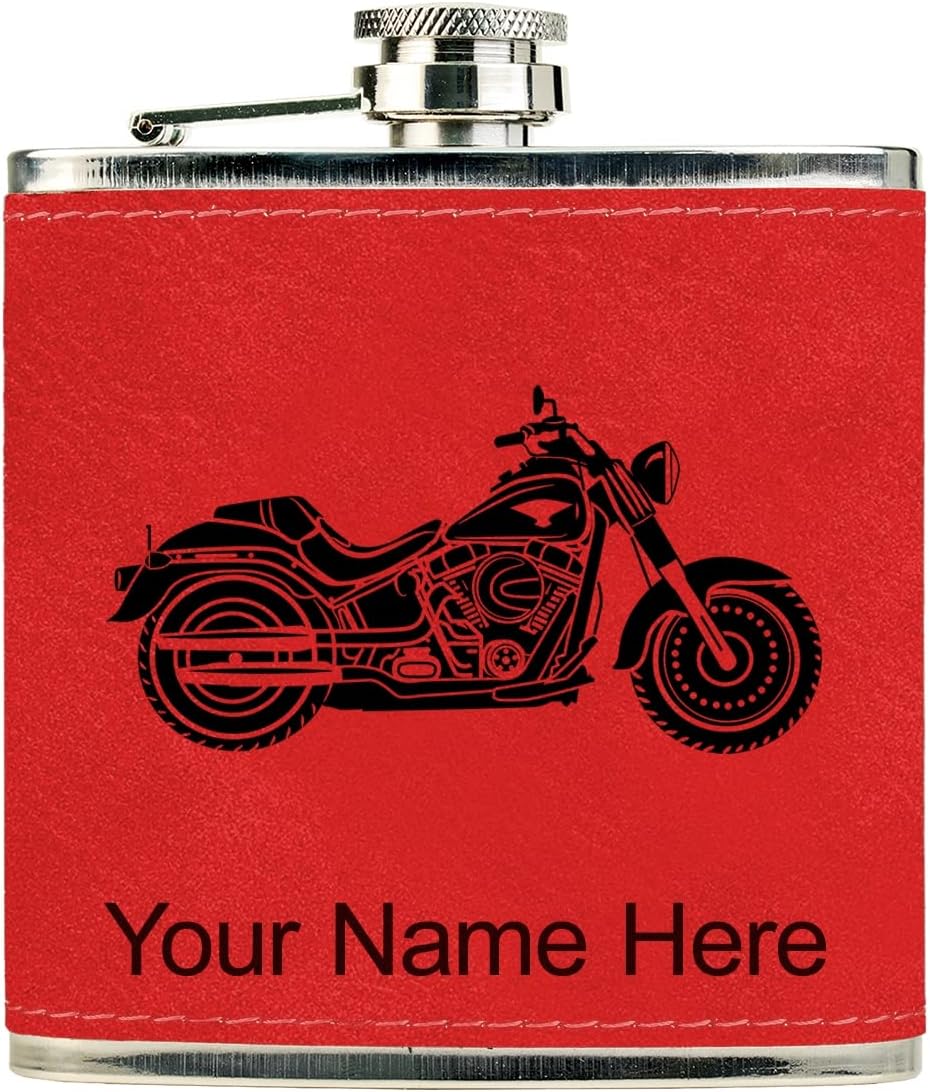 LaserGram Faux Leather Flask, Motorcycle, Personalized Engraving Included (Black With Silver)