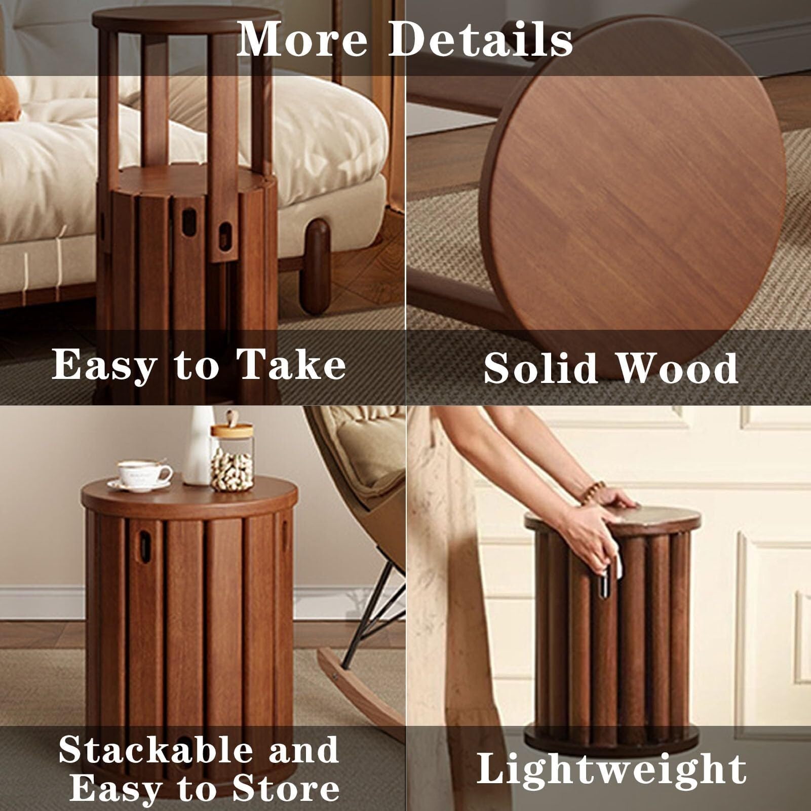 Juego de 4 taburetes apilables de madera, diseño apilable, taburetes de madera pequeños para ocio, combinación apilable, taburete apilable multifuncional para sala de estar, entrada, comedor (nogal)