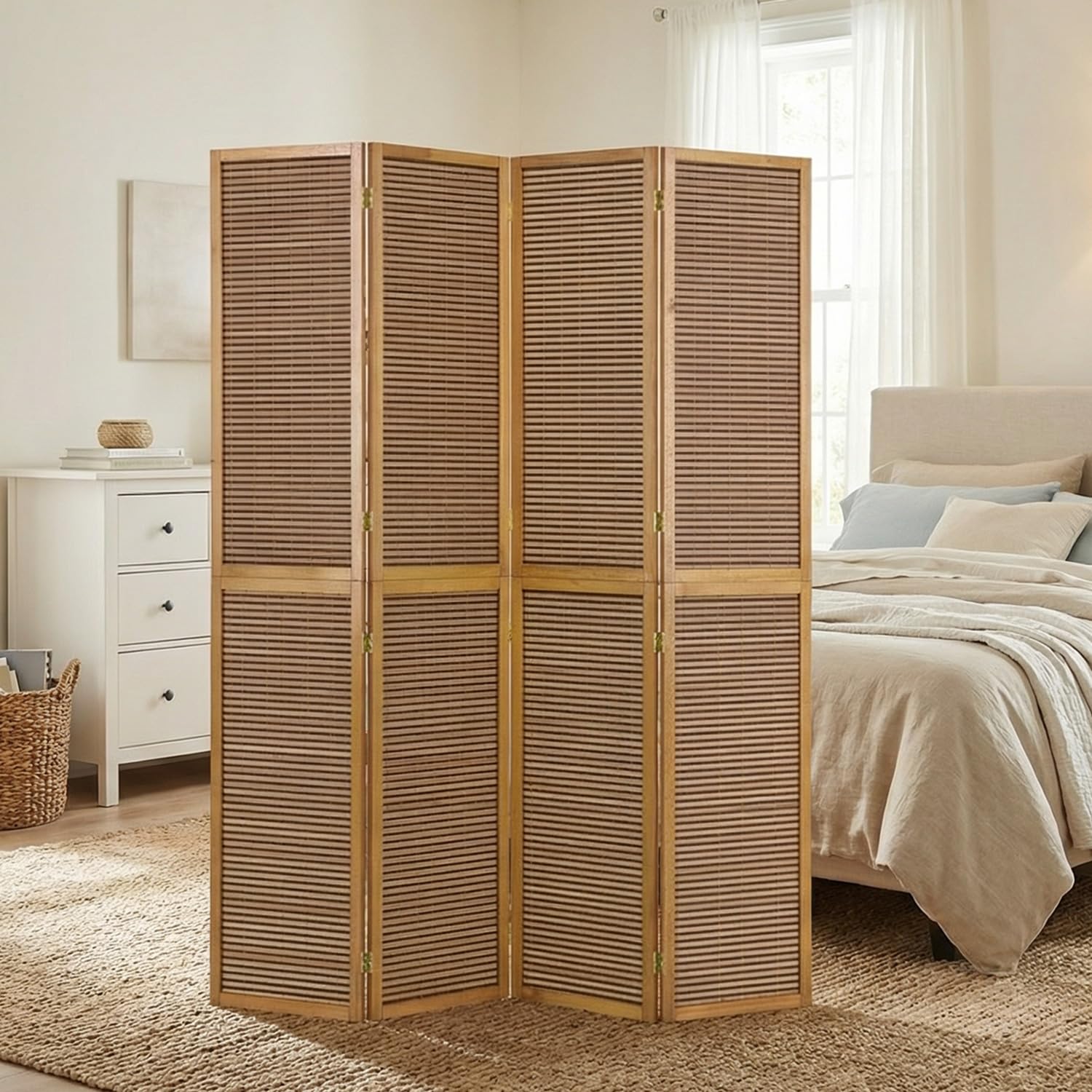 Homestyle4u Paravent Interieur Hauteur 200 cm du Bambou en Brun Clair 4 Panneaux séparateur de pièce décoratif