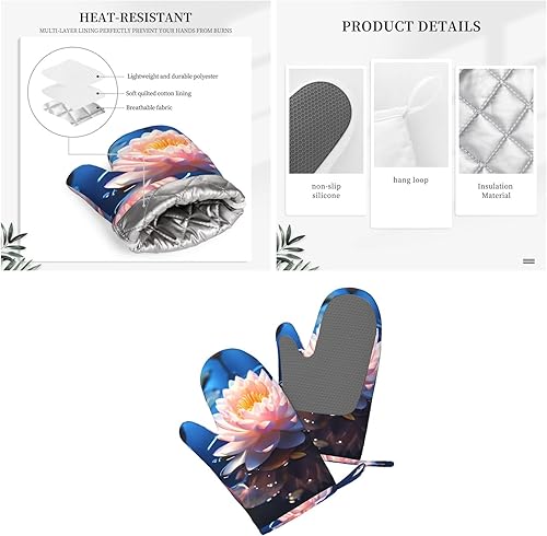 Miniatura 3 de Guantes de horno de silicona con estampado de flores de loto, resistentes al calor hasta 500 F, guantes de horno de cocina, soporte para ollas para