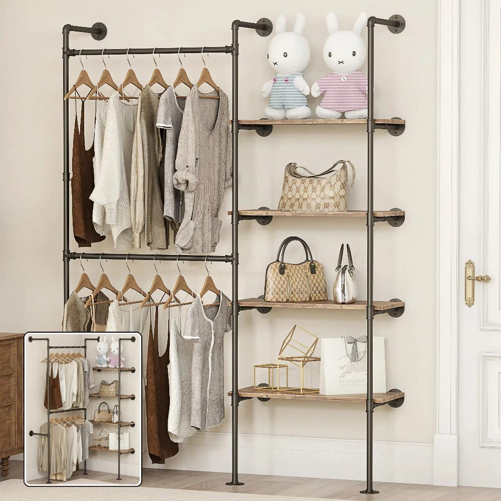 Industrial Pipe Clothing Rack, Heavy Duty Adjustable Garment Hanger with Shelves, 2 Installation Methods Closet Storage System for Wardrobe Organization (Black, 80″ H x 55″ W)