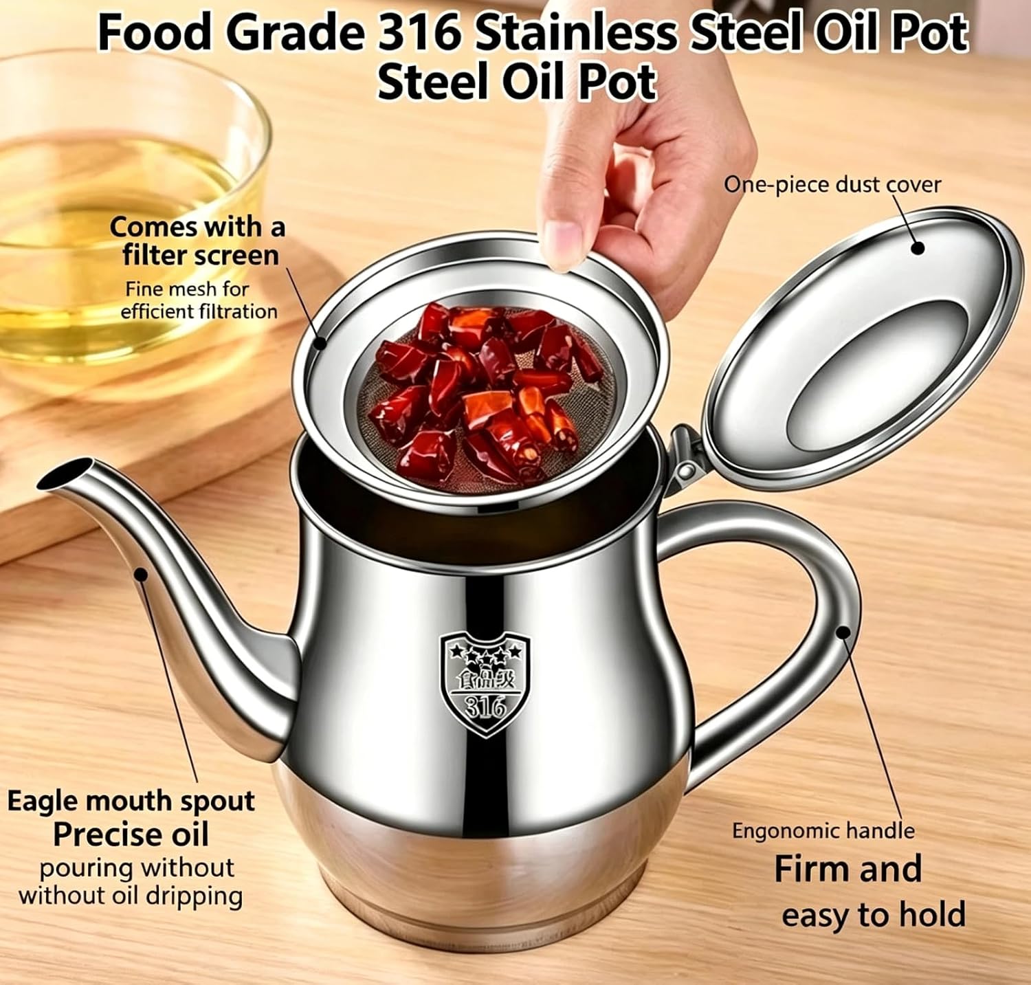 Stainless Steel Cooking Oil Pot, 500ml Kitchen Oil Bottle with Filter and Nozzle Cover, Household Kitchen Countertop Filter Tank, Reusable Cooking Oil Storage Container