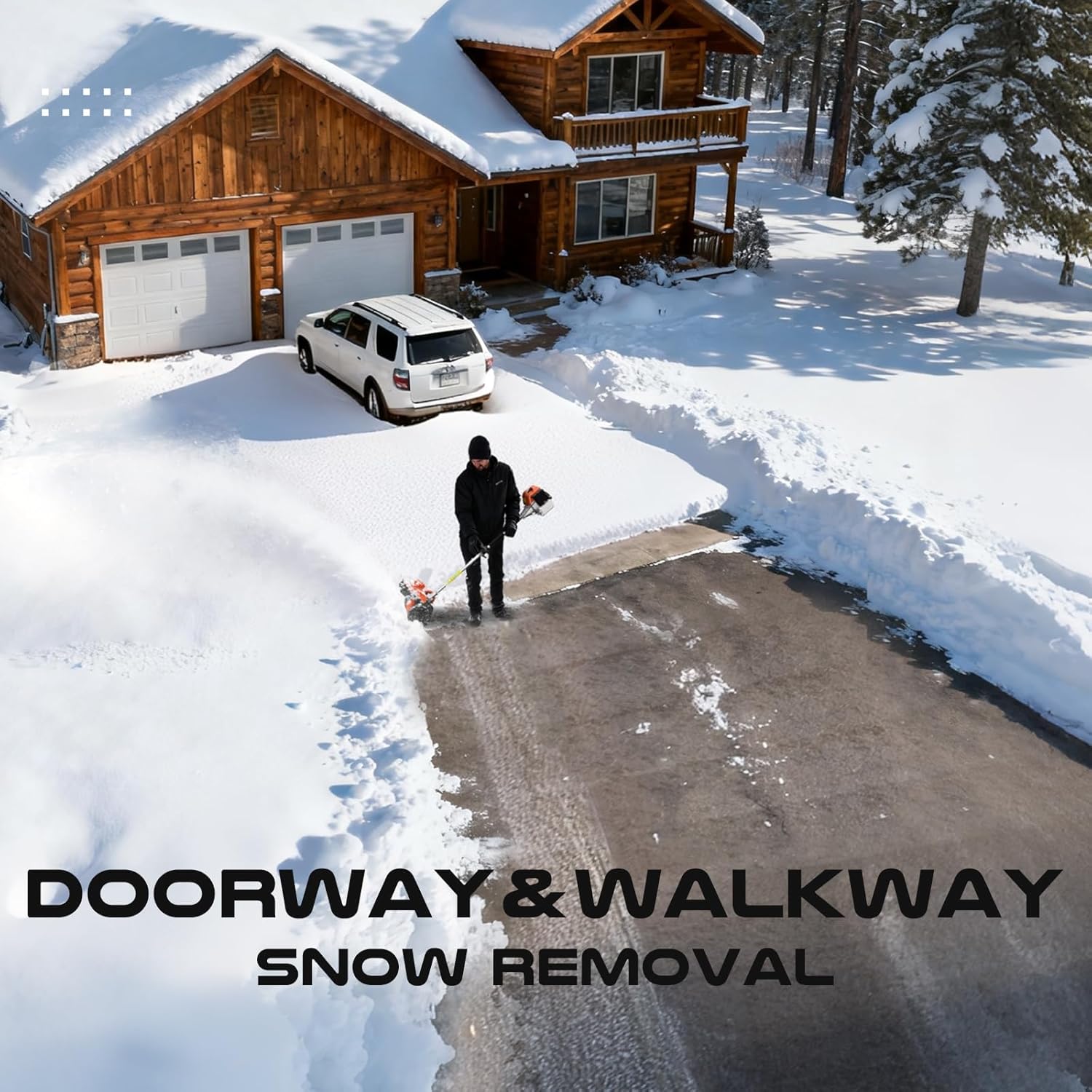 A person using the Baotree snow blower to clear a driveway and walkway.