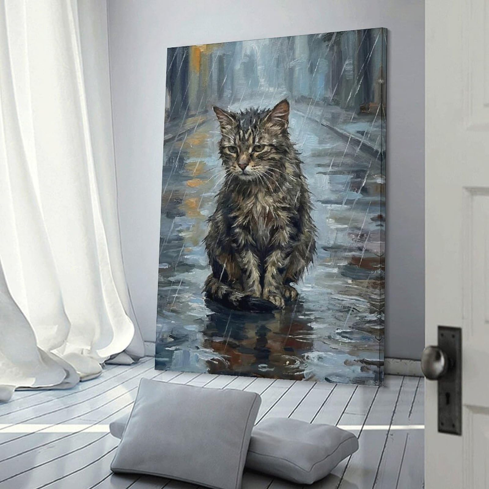 Junmoney Frame-Style-6 Sad Cat In The Rain Room Decor Wall Art, 16X24inch(40X60cm), For Living Room, Bedroom, Office Or Hallway, Decorative Artwork With Broad Appeal