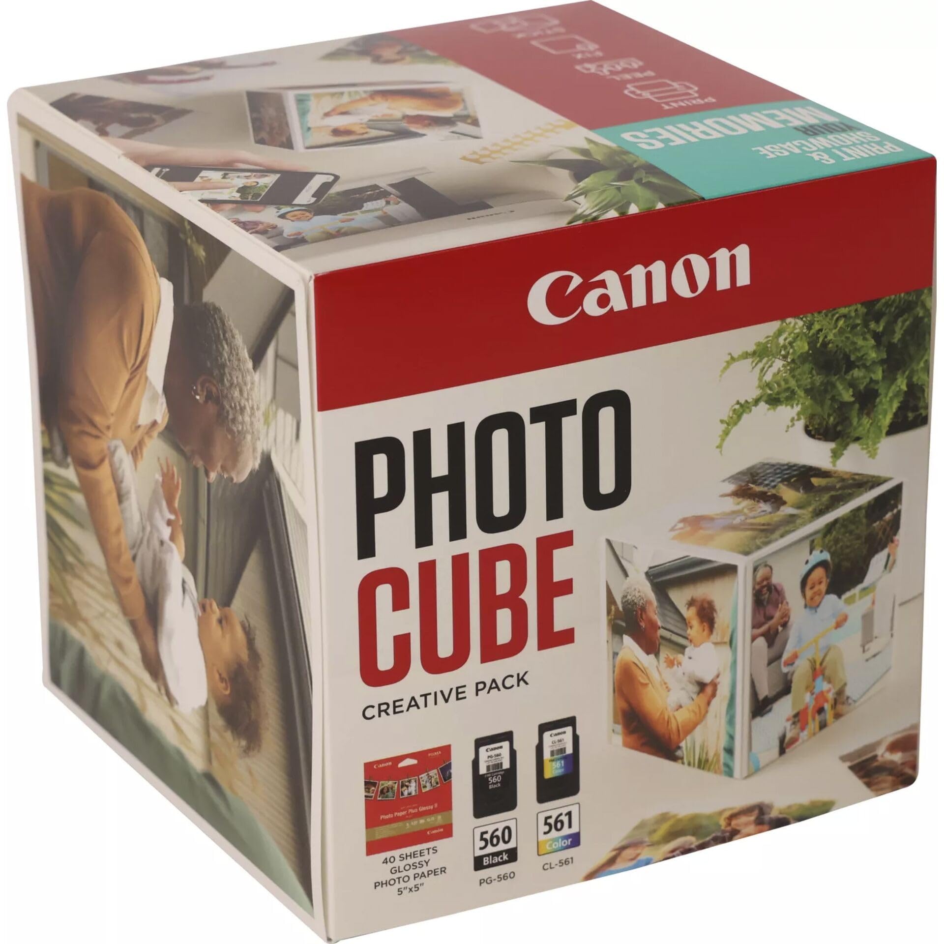 Canon Photo Cube Creative Pack, Blue - PG-560/CL-561 Ink with PP-201 Glossy Photo Paper 5x5 (40 Sheets) + Photo Frame - Compatible with PIXMA Printers