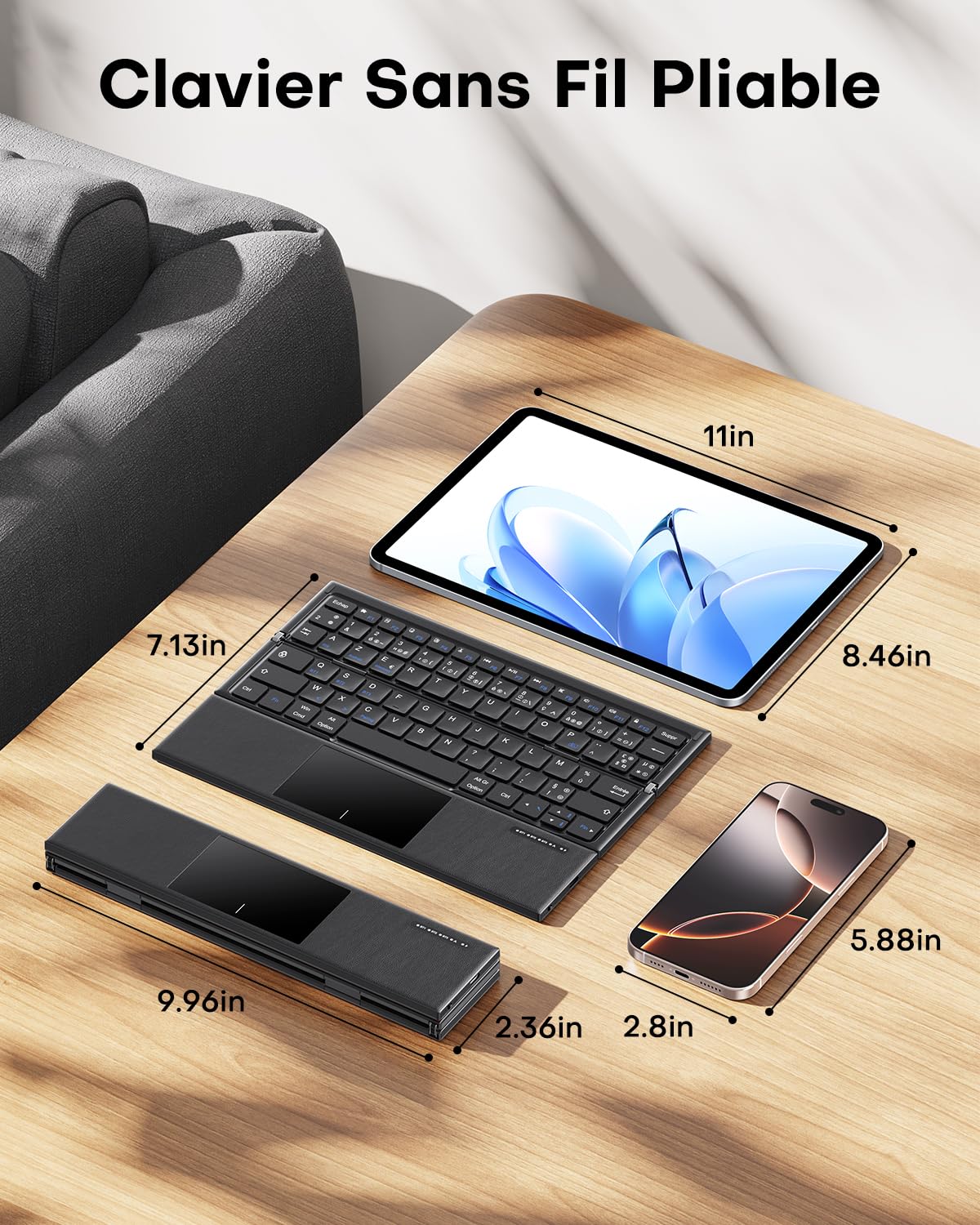 OMOTON Kabellose Tastatur, AZERTY, faltbar, Bluetooth, mit Touchpad, Schwarz | Multi-Geräte, 3 Bluetooth-Geräte, leise Mini-Tastatur, kompatibel mit Android Windows iOS Telefon Tablet iPad