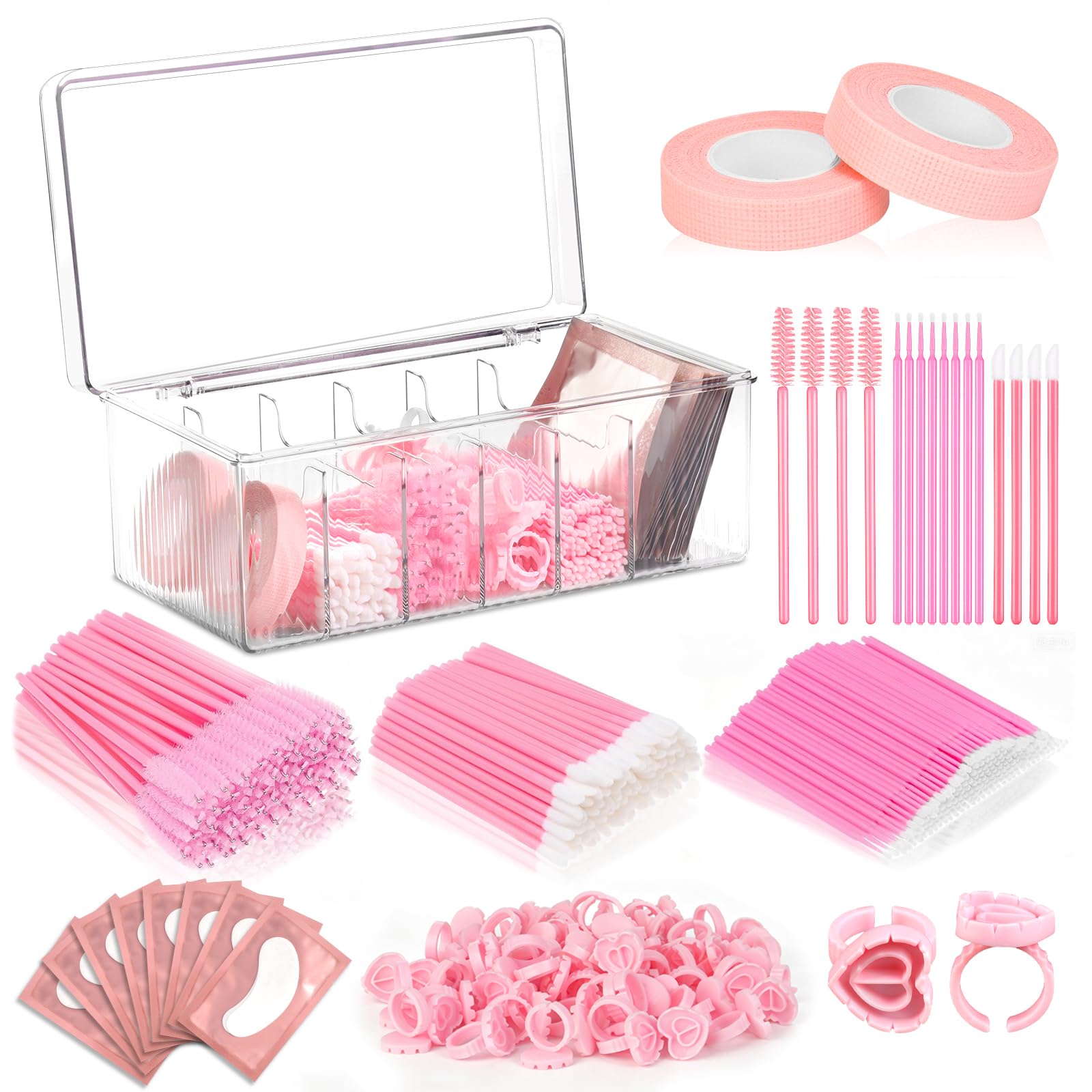 323 PCS Eyelash Extension Kit Lash Extension Supplies with Storage Box 20 Eye Pads 2 Lash Tapes 100 Micro Brush Applicators 100 Glue Rings 50 Disposable Lip Applicators 50 Mascara Wands