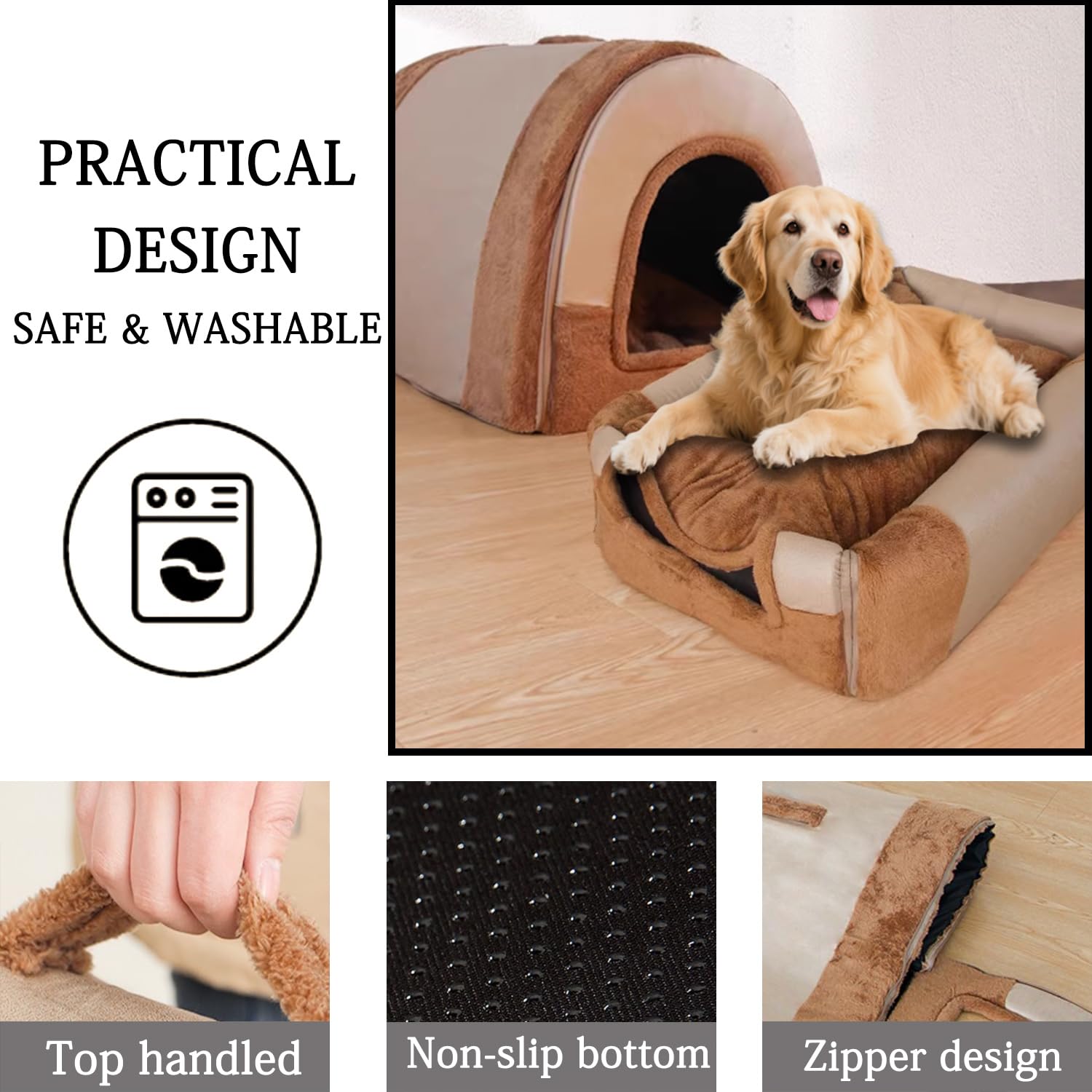 Grand lit pour chien 2 en 1 Lit de maison pour chien pour chat d'intérieur, grotte pour animaux de compagnie apaisante et chaude Lavable Lit de luxe pour chiens Déhoussable Lit anti-anxiété pour