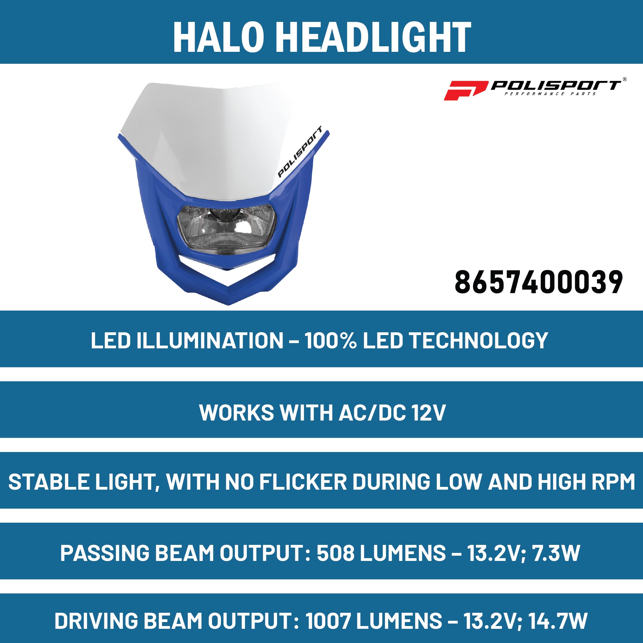 Polisport 8657400042 - Faro Delantero HALO de Polipropileno con lámpara de halógeno Compatible con Todos los Modelos de Motocross/Enduro en Color Blanco/Amarillo Fluor