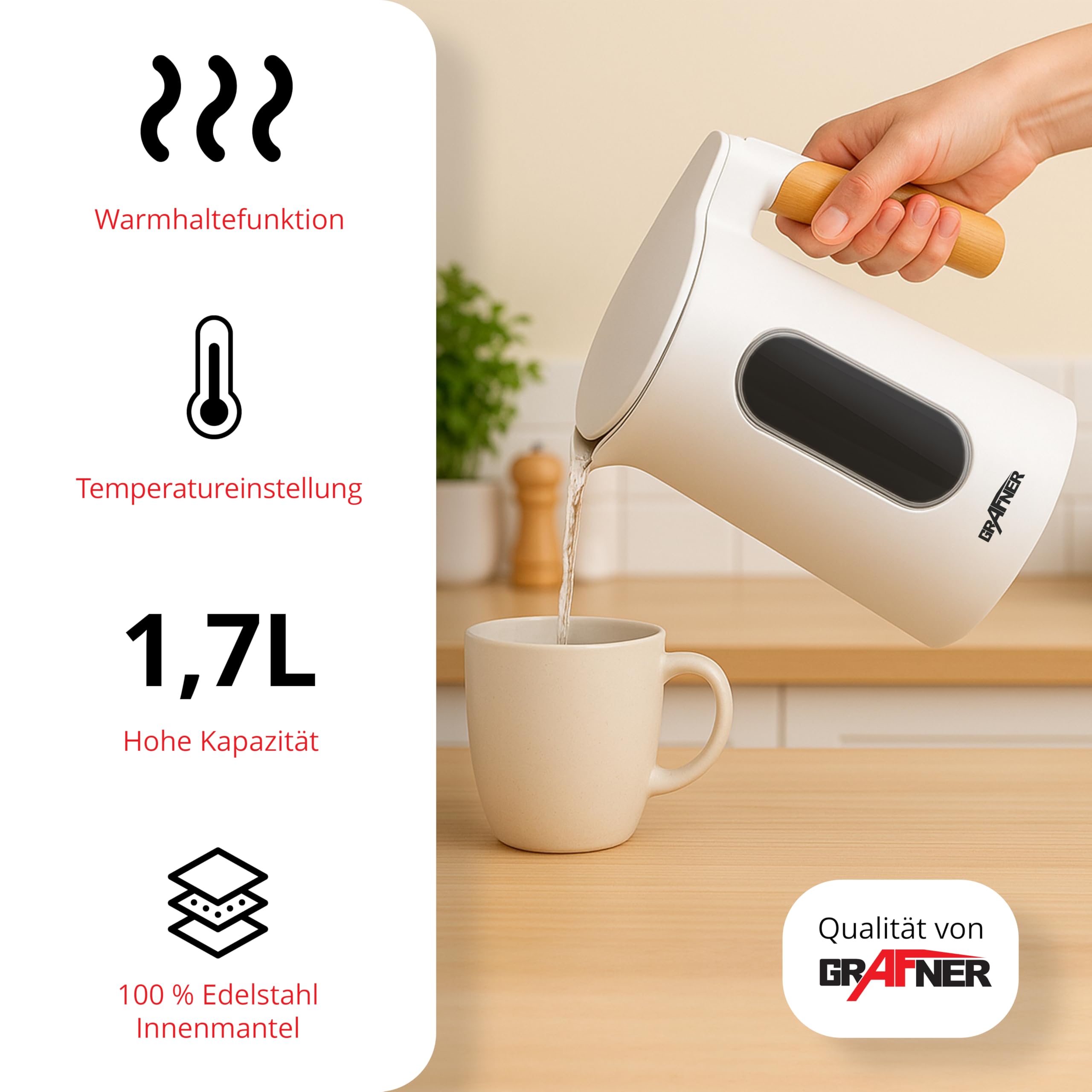 Grafner Hervidor de agua de acero inoxidable con ajuste de temperatura, 40 °C a 100 °C, pantalla grande, función de mantenimiento del calor y función de memoria, 4 programas, doble pared, 1,7 litros
