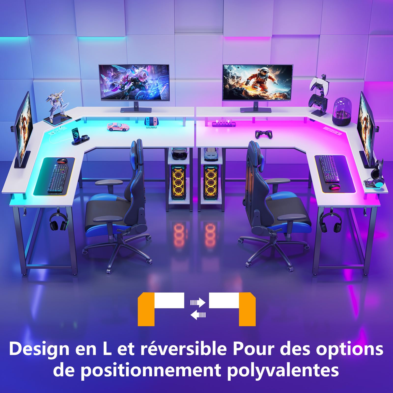 Rolanstar Bureau Gaming d'angle en L avec LED, Prises et Ports USB, 135 x 118 cm, Table d'Ordinateur avec Support Écran, Rangement et 2 Crochets, Bureau Réversible, Blanc