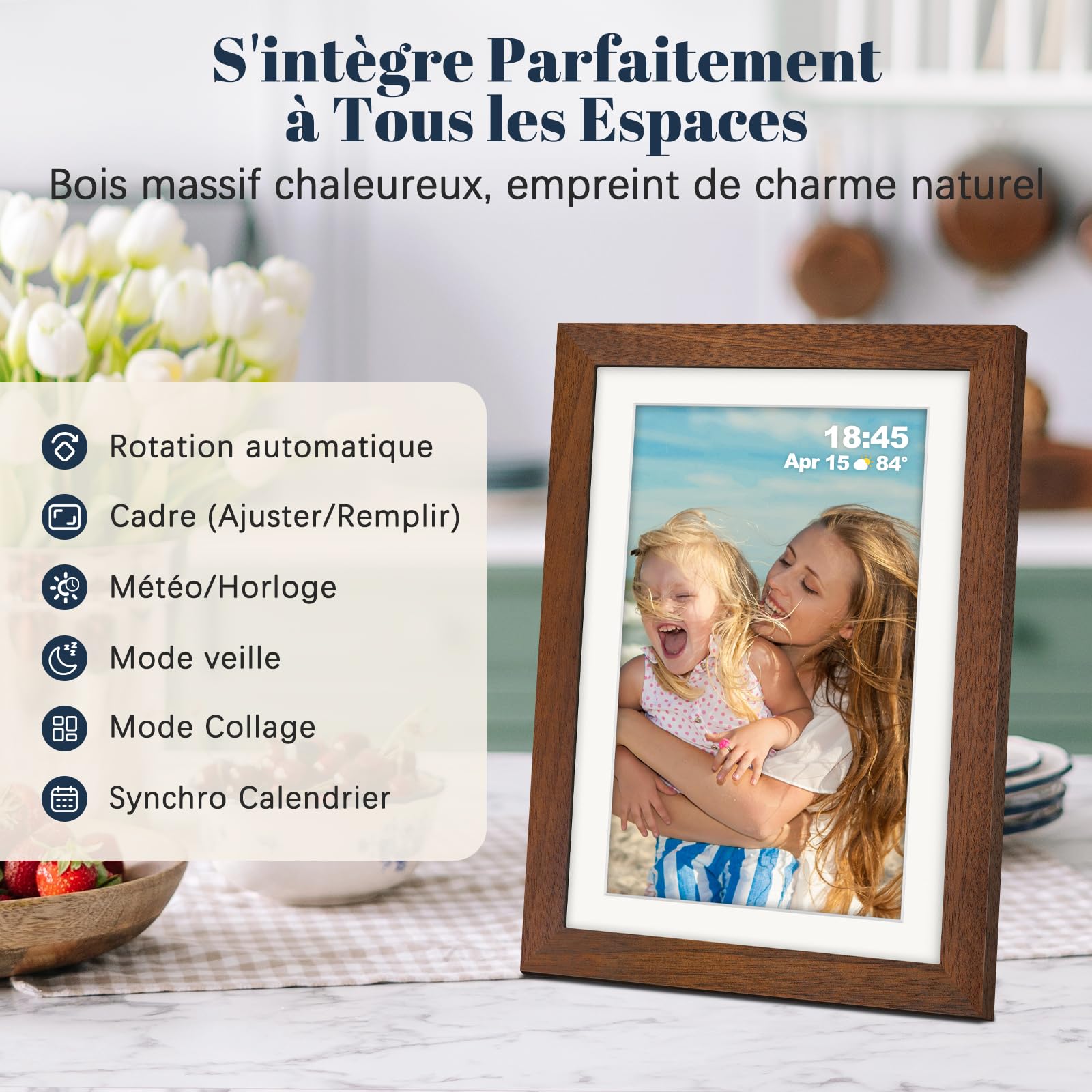 Frameo Cadre Photo Numérique WiFi 10.1 Pouces Noyer Bois Mémoire 32 Go, Écran Tactile HD IPS 1280 x 800, Auto-Rotation, Partage de Photos Vidéos Via Frameo APP/USB/SD, Cadeau Femme Homme