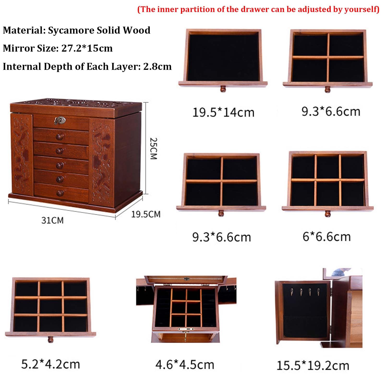 Joyero de Madera para Mujer, 6 Niveles, Joyeros Organizador Grande con 5 Cajones, Espejo & Cerradura, Caja Joyero para Joyas, Jollares, Anillos, Alhajero, Relojes de Estilo Vintage (Walnut)