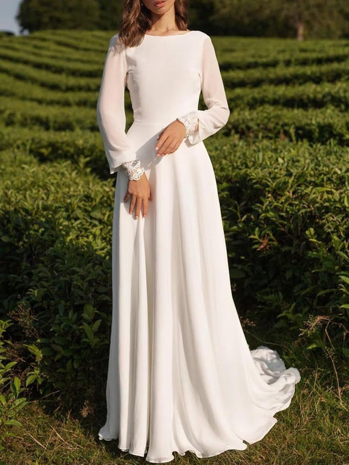 Women's Chiffon Long Sleeves Wedding Dress for Bride Lace A Line Floor Lenght Beach Bridal Dress for Women