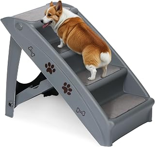 Foldable Pet Stairs with Non-Slip Surface, Portable Dog Steps Ramp for High Beds, Couches, Cars and SUVs, Support Up to 150lbs, Waterproof, Grey