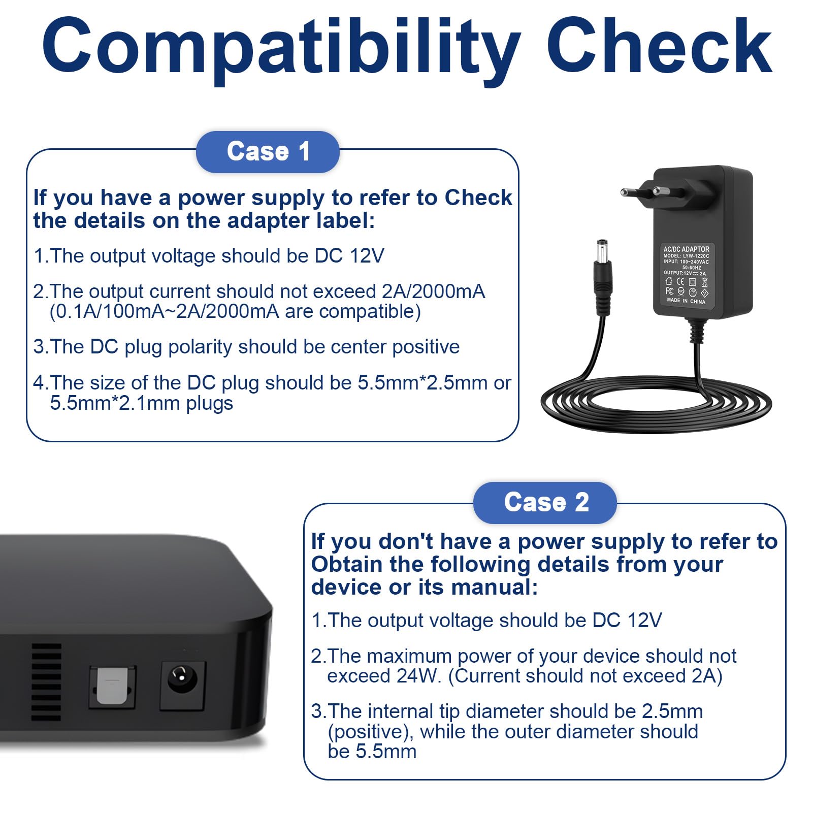 Alimentatore 12 V 2 A, adattatore AC/DC, caricatore DC 5,5 x 2,5 mm, per LED, telecamere di sicurezza, router