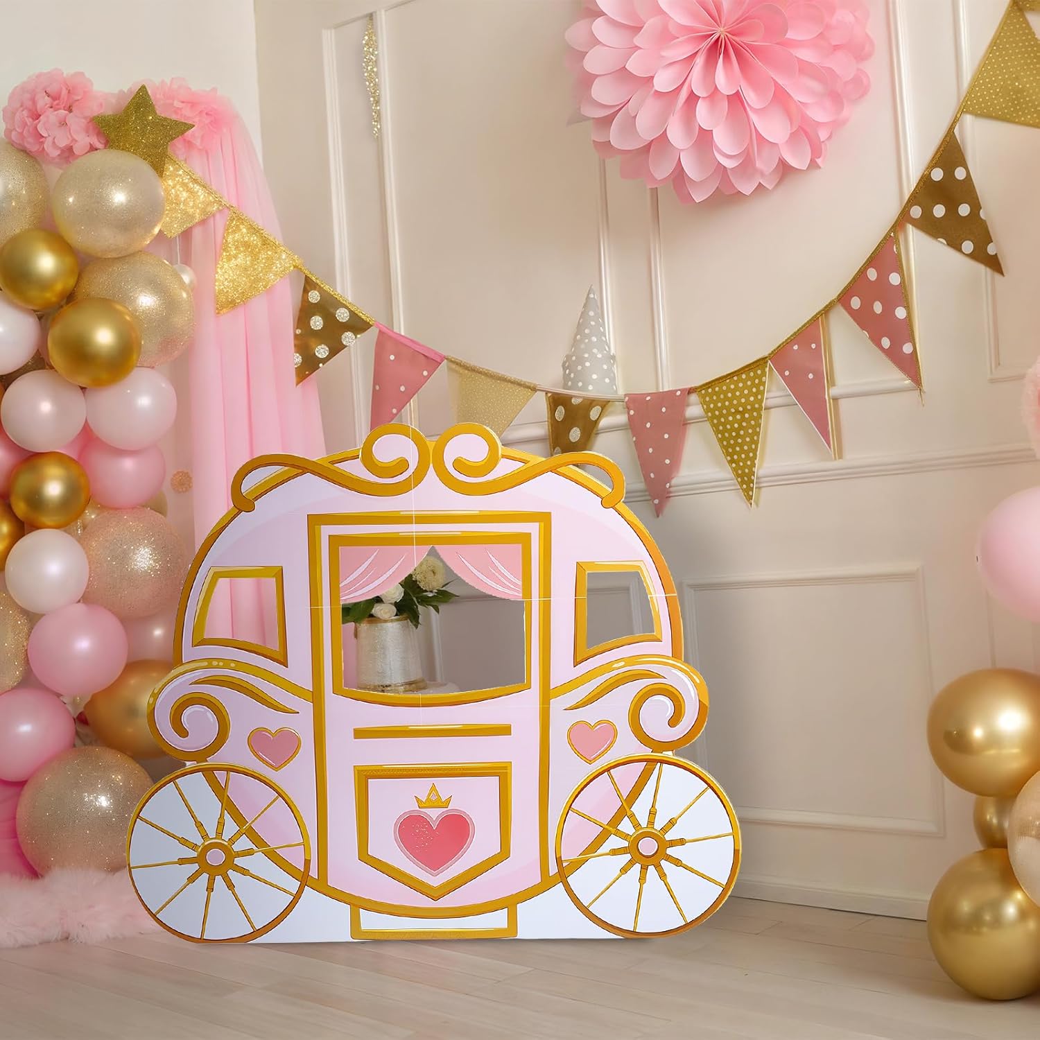 Geelin 47" Princess Carriage Cardboard Cutout Stand up Pink Princess Birthday Party Decoration Life Size Photo Booth Props for Girl Themed Birthday Backdrop Background Party Supplies
