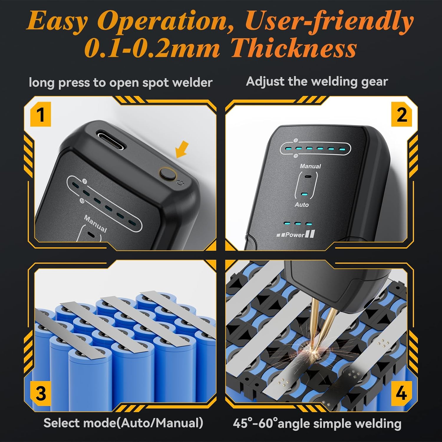 Four-step guide to operating the Awgem SH1 spot welder. Step 1: Long press to open spot welder. Step 2: Adjust the welding gear. Step 3: Select mode (Auto/Manual). Step 4: Perform 45°-60° angle simple welding on battery packs.