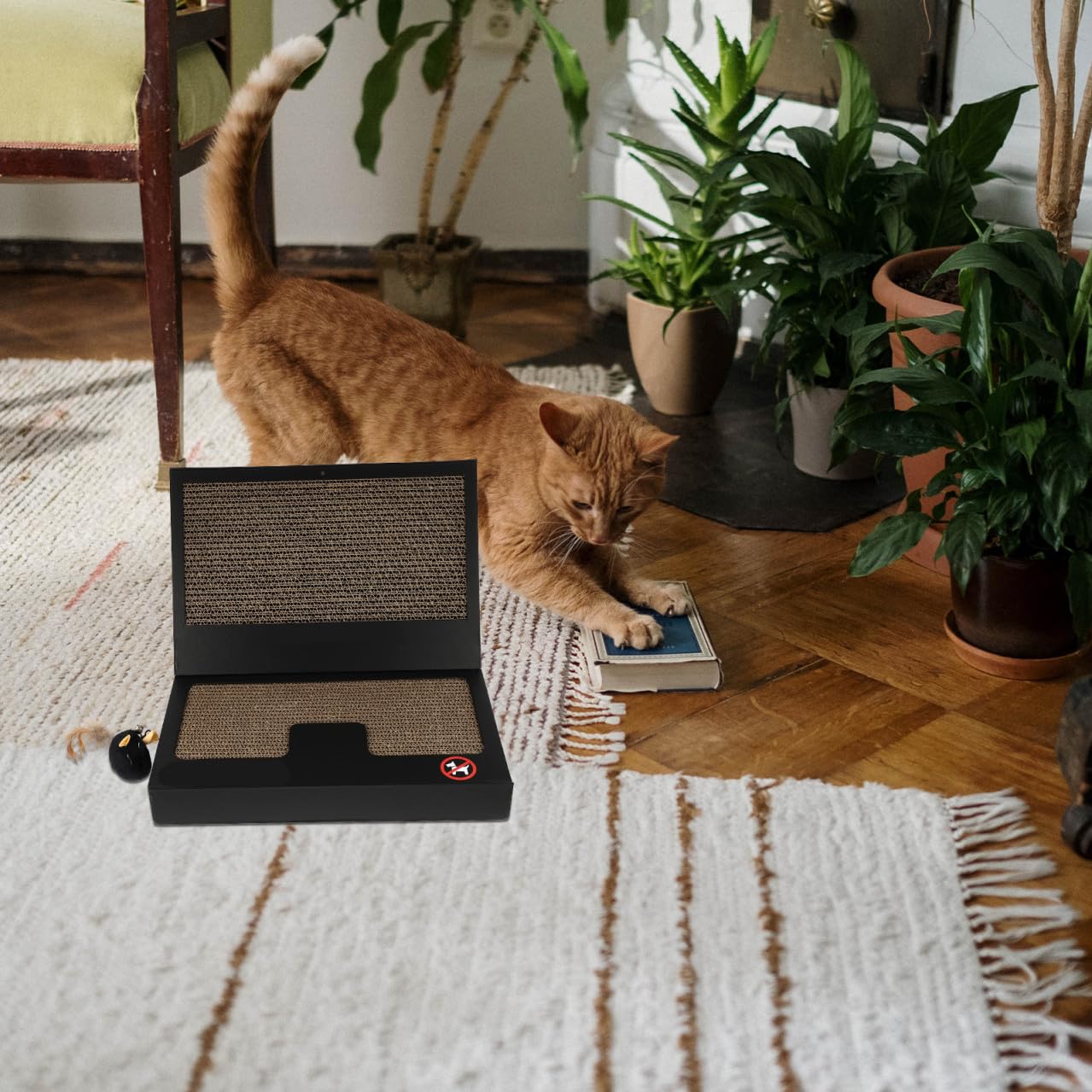 Tavola Tiragraffi per Gatti a Forma di Laptop, Pieghevole e Resistente | Giochini per Gatto a Forma di Laptop, con Bacchetta Teaser, Cartone Ondulato Nero per Casa