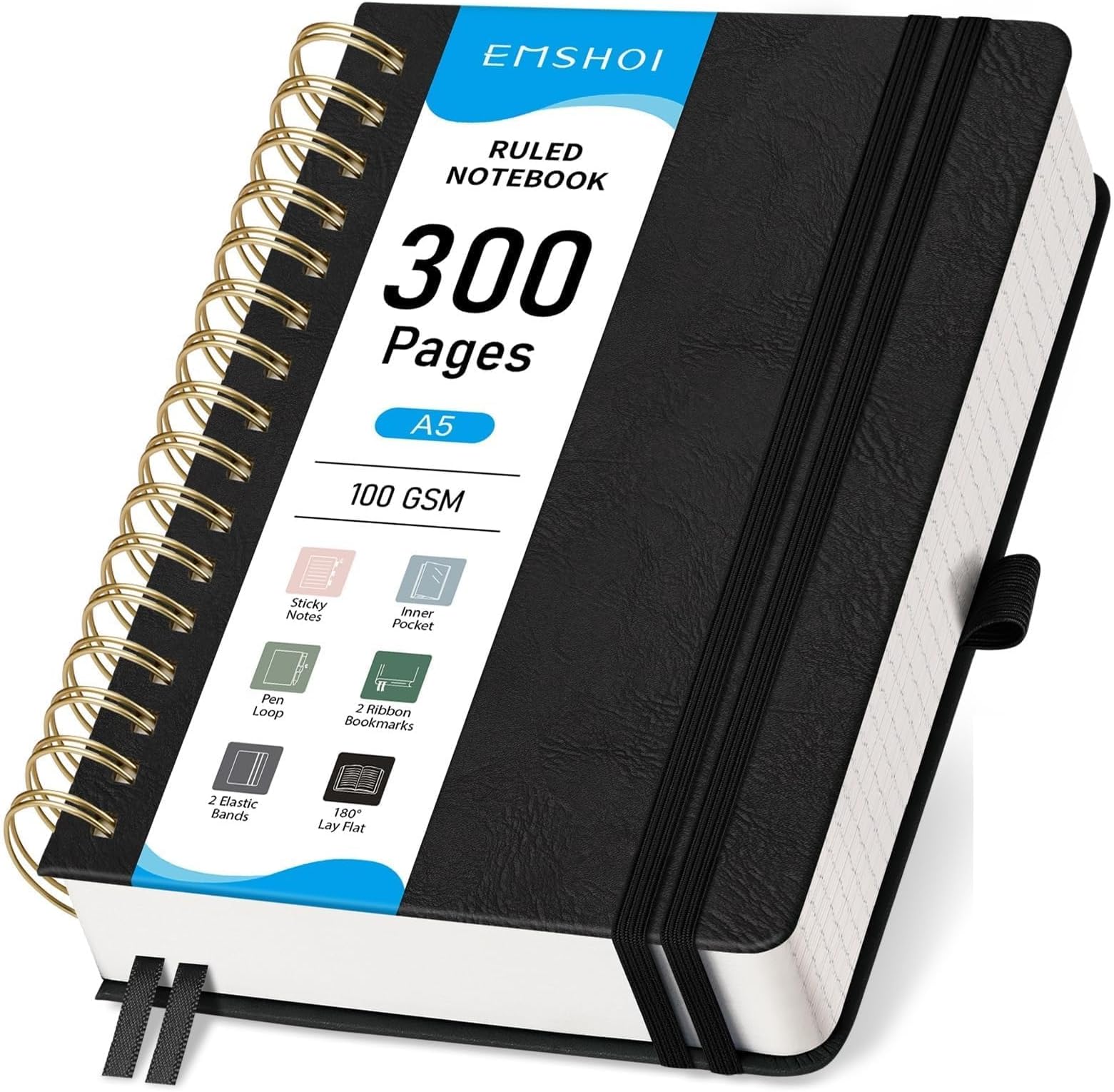 A5 Spiral Notebook College Ruled, Thick 300 Numbered Pages 100GSM Ink-Proof Paper, Faux Leather Hardcover Lay-Flat Lined Journal for Work Office School Writing, 5.7"x8.22", Black
