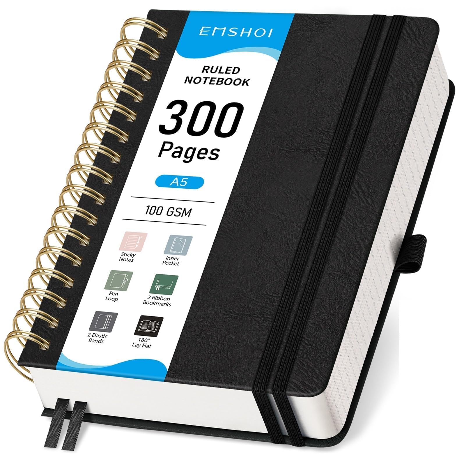 EMSHOI Spiral Notebook College Ruled, 300 Numbered Pages, A5 Small Hardcover Leather, 100 GSM Thick Lined Journal for Women Men Work Writing Journaling Note Taking, 5.7" x 8.22", Black