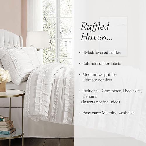 Miniatura 6 de Lush Decor Belle - Juego de cama de 4 piezas con falda de cama y 2 fundas de almohada, juego de edredón King, color blanco, Poliéster, Blanco, Full