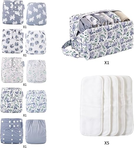 Miniatura 3 de Pañales de tela lavables y reutilizables para bebés, talla única, con bolsillo ajustable, 5 unidades + 5 piezas de insertos de microfibra + una