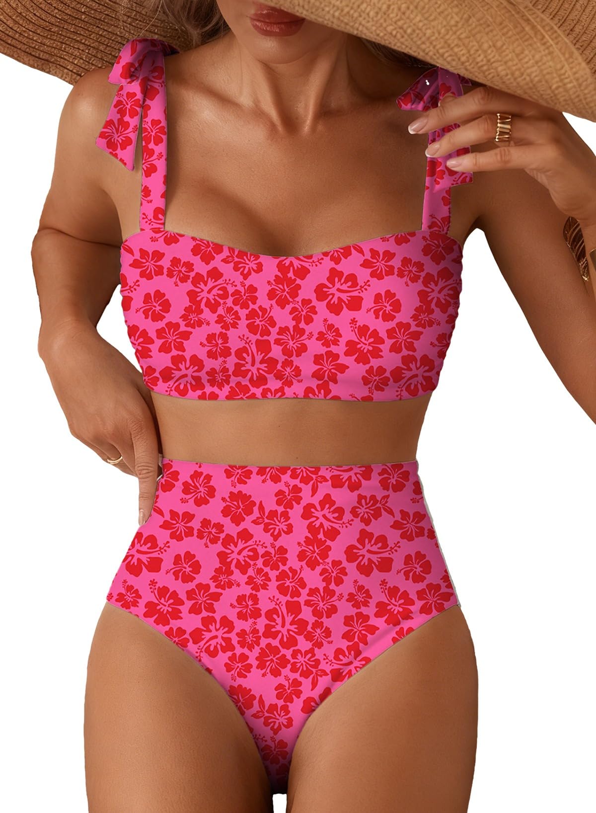 Photo 1 of Herseas Women's Floral 2 Piece Bikini Sets High Waisted Adjustable Tie Shoulder Push Up Swim Suits 2026 Summer Vintage Ladies Bathing Suit Chic Resort Wear Rose Red Hibiscus Print X-Large