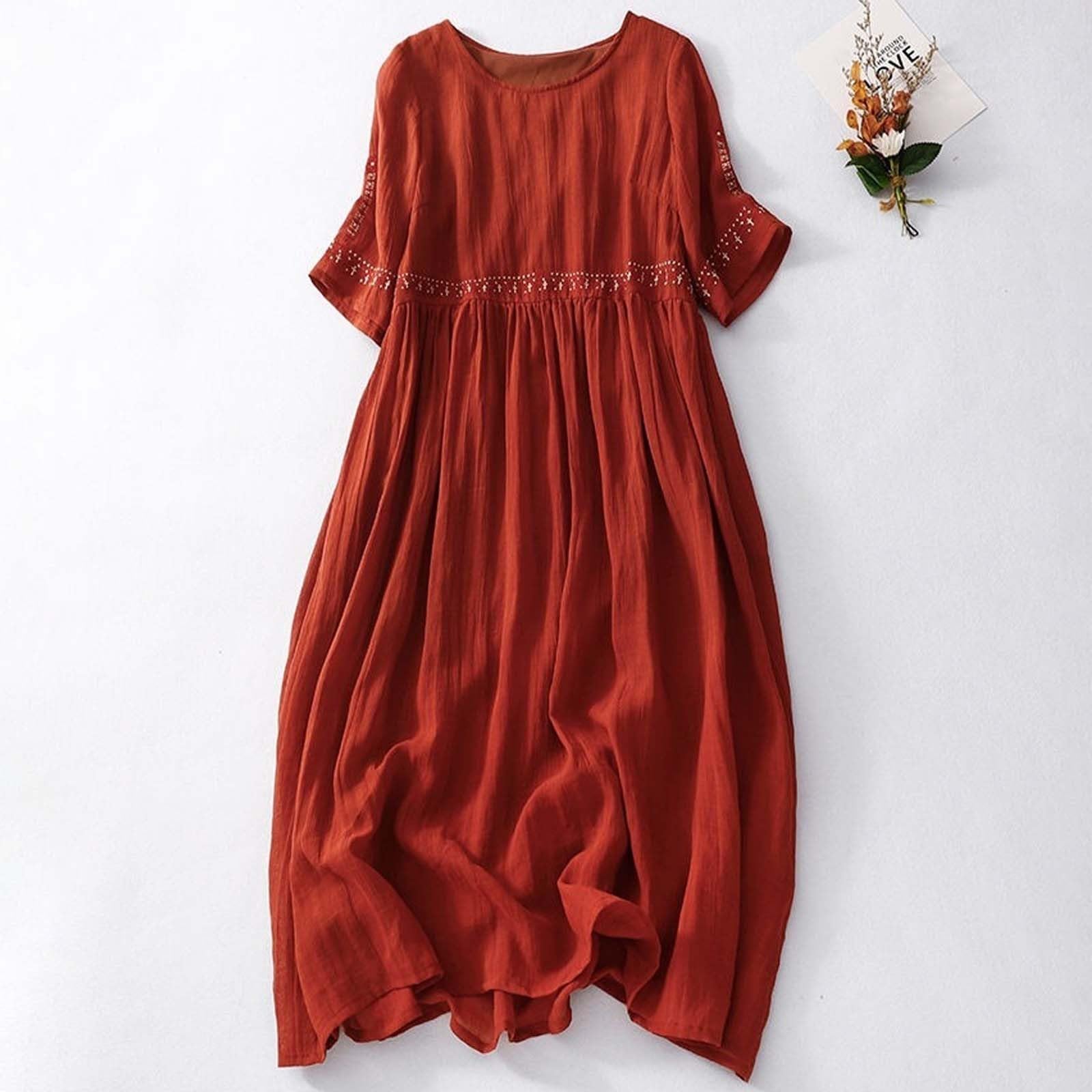 Plus Size Letnia Sukienka Maxi Stylu Boho, Haftowana, Bawełniana Lniana Midi Krótkim Rękawem, Zwiewna
