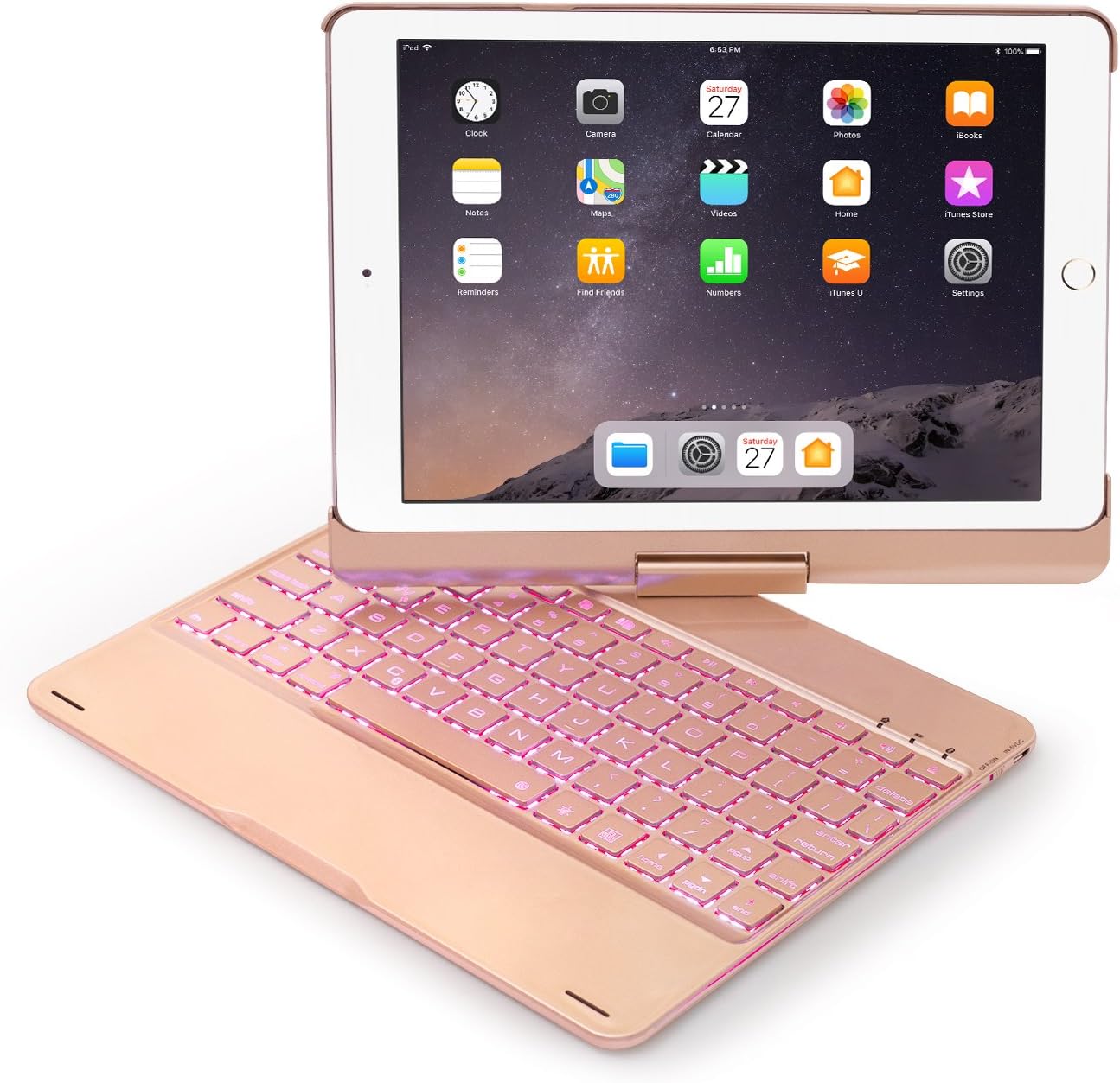 Keyboard Case for iPad Pro 9.7/iPad Air 2-LED 7 Colors Backlit Bluetooth keyboard Folio Case Cover ,Ultra Slim, Aluminium Alloy& 130° Rotating-Ideal Apple iPad Pro 9.7 Inch &iPad Air 2(Rose Golden)