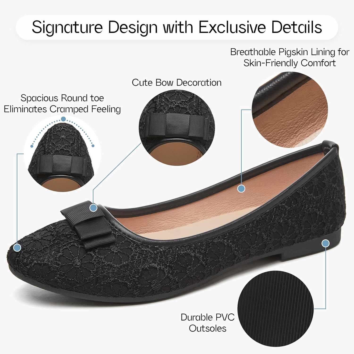 Shupua Black Flats for Women Lace Wedding Shoes Womens White Flat Dressy Comfortable Slip on Ballet Flats Shoes for Bride, Ladies, Office, Girls - Image 6