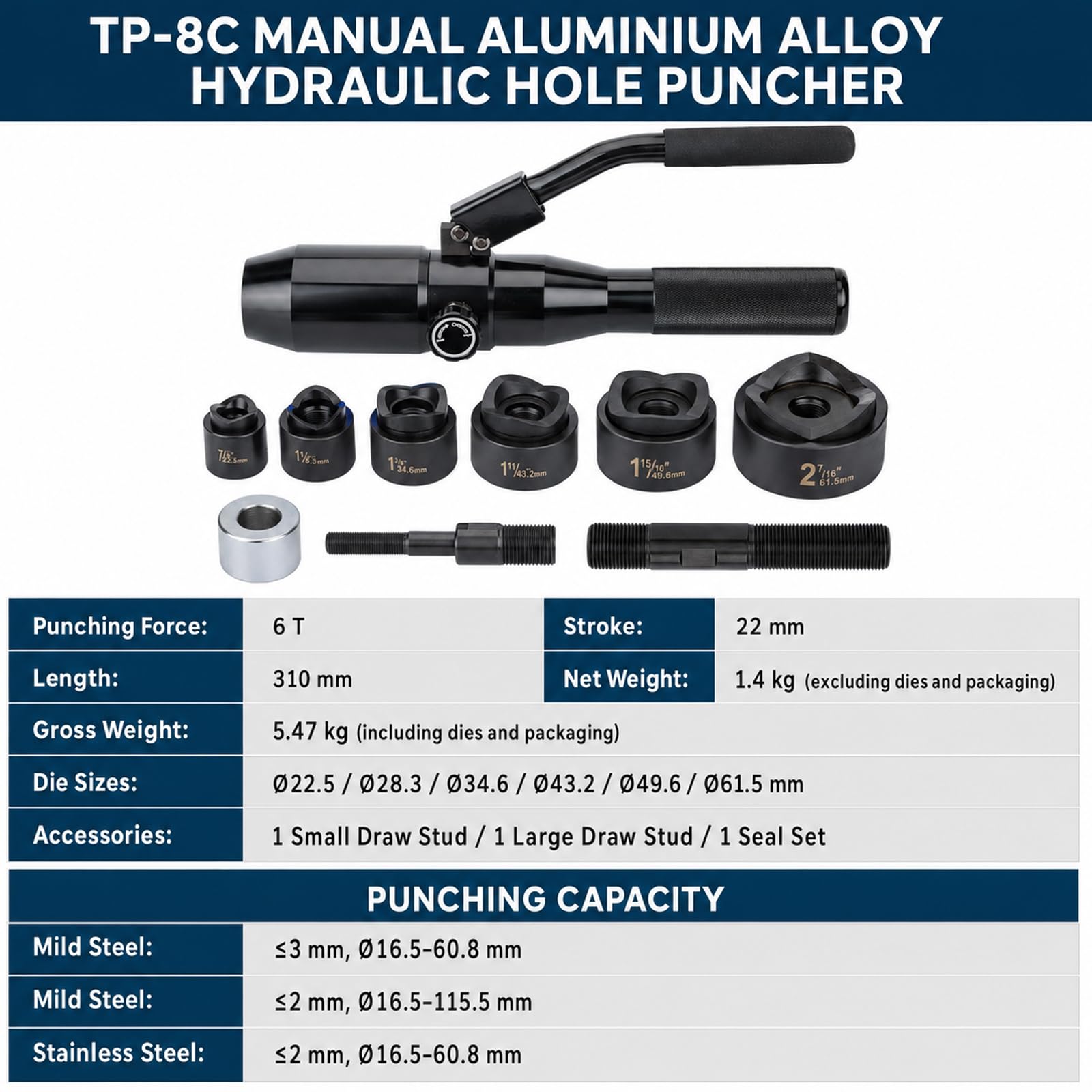 Kit Punzonatrice Idraulica Manuale 60 kN, 6 Matrici | Matrici 16,5–60,8 mm, Acciaio 3,5 mm, Pompa Anti-Perdita e Valigetta per Quadri Elettrici