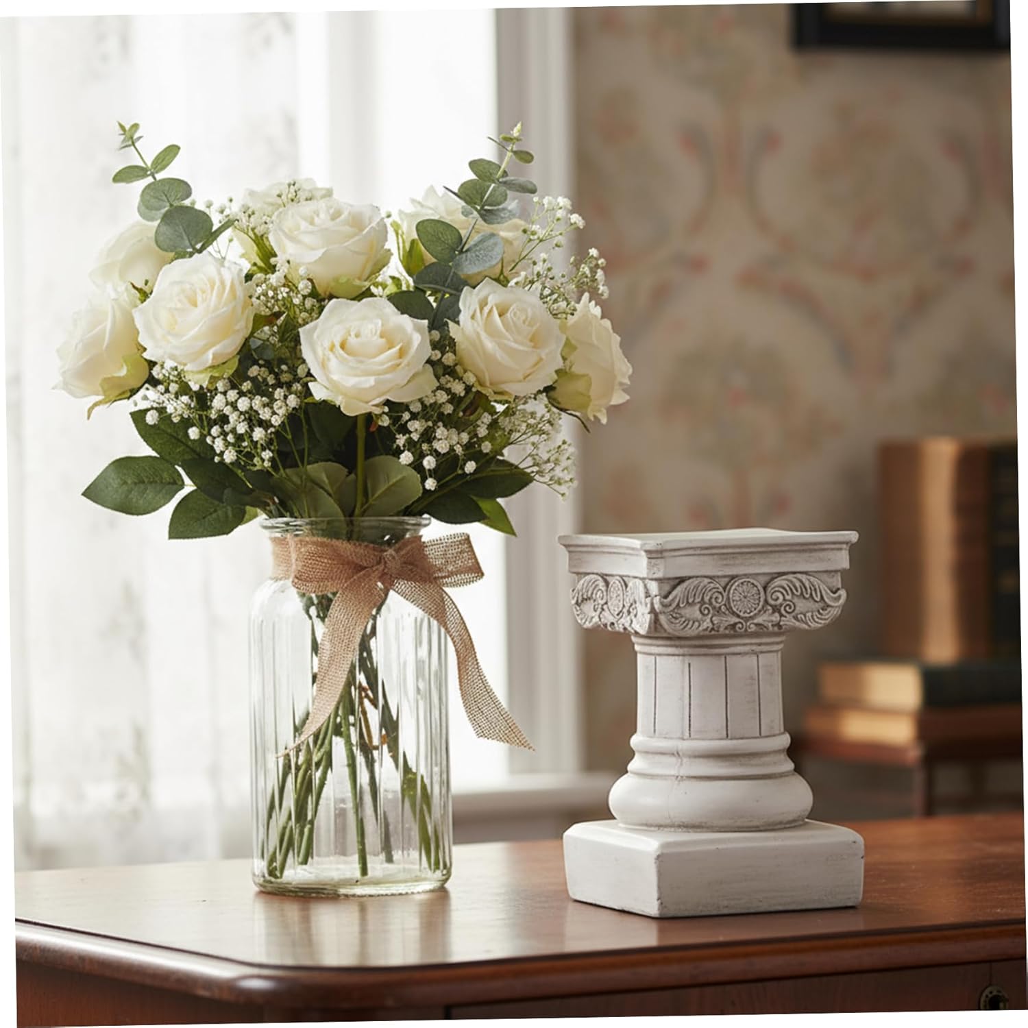 Roman Column Resin Decor 8.5 Inch, Classic White Pedestal for Home Display, Roman Style Pillar Sculpture Small